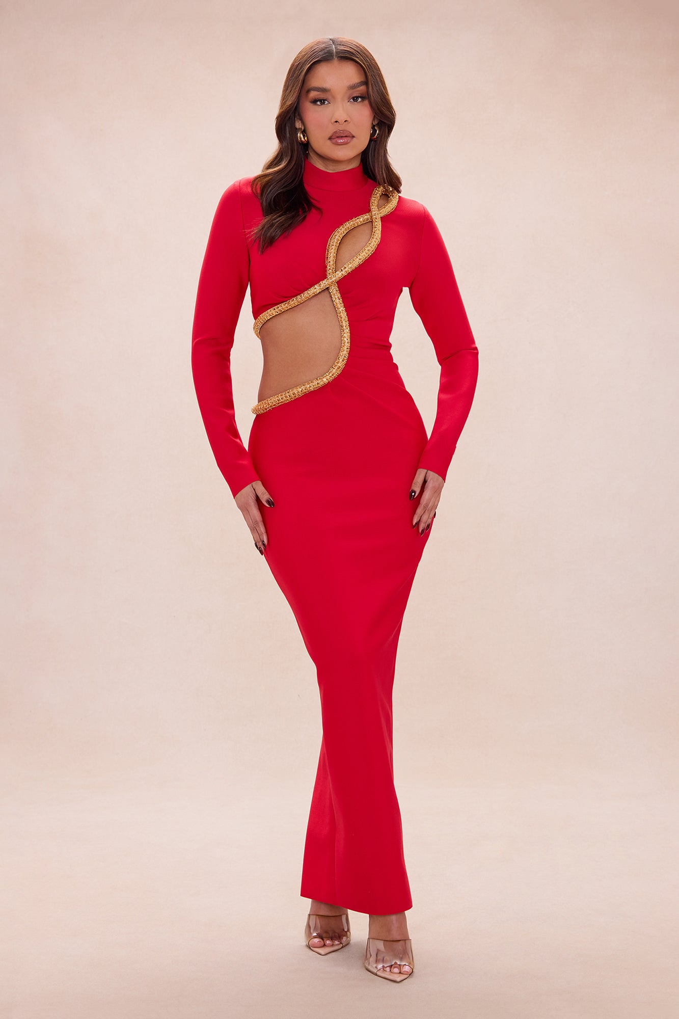 Draya Embellished Long Sleeve Bandage Maxi Dress - Red