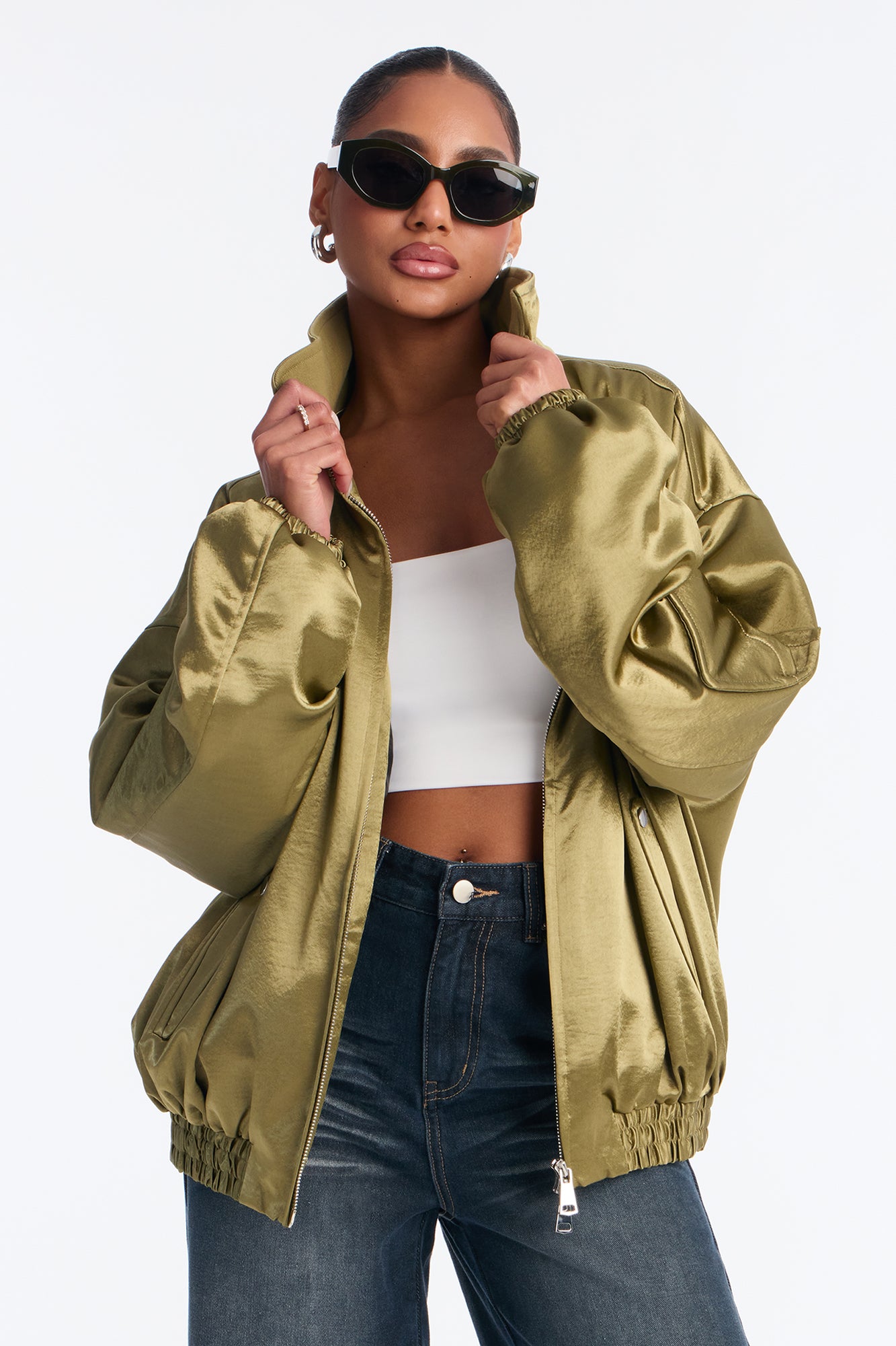 Remy Cargo Satin Bomber Jacket - Olive