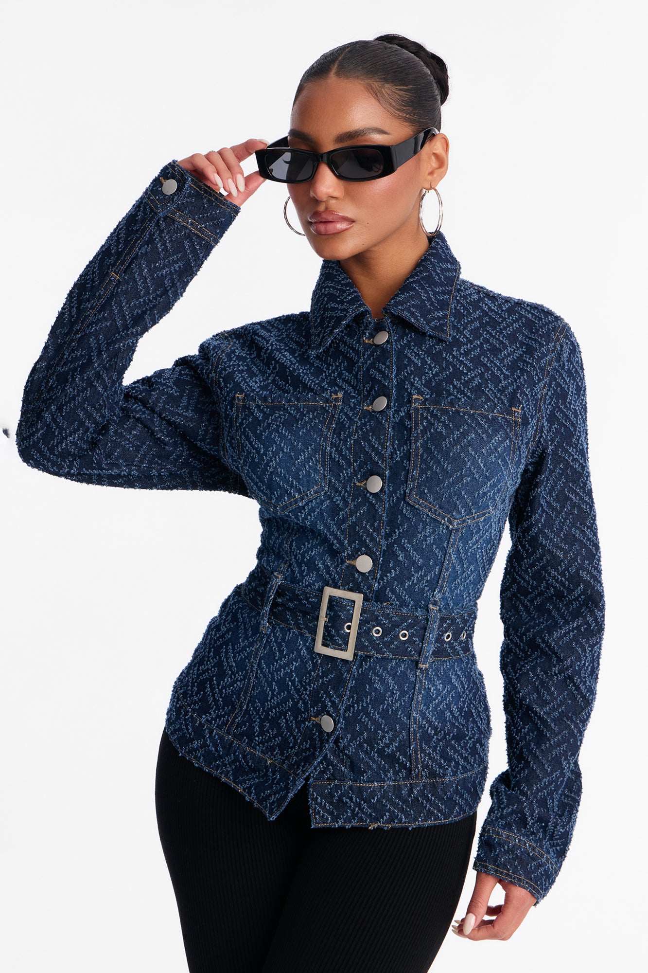 In A Maze Jaquard Denim Shacket - Dark Wash