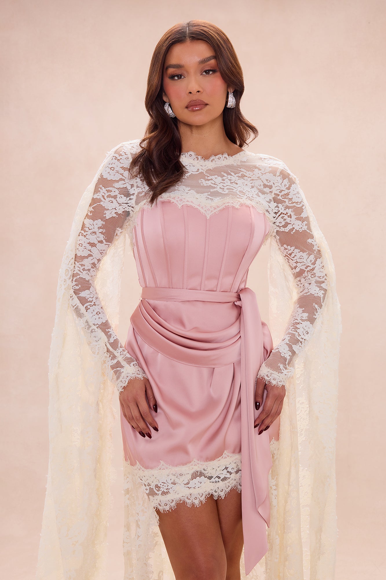 Amelia Satin Lace Mini Dress - Mauve