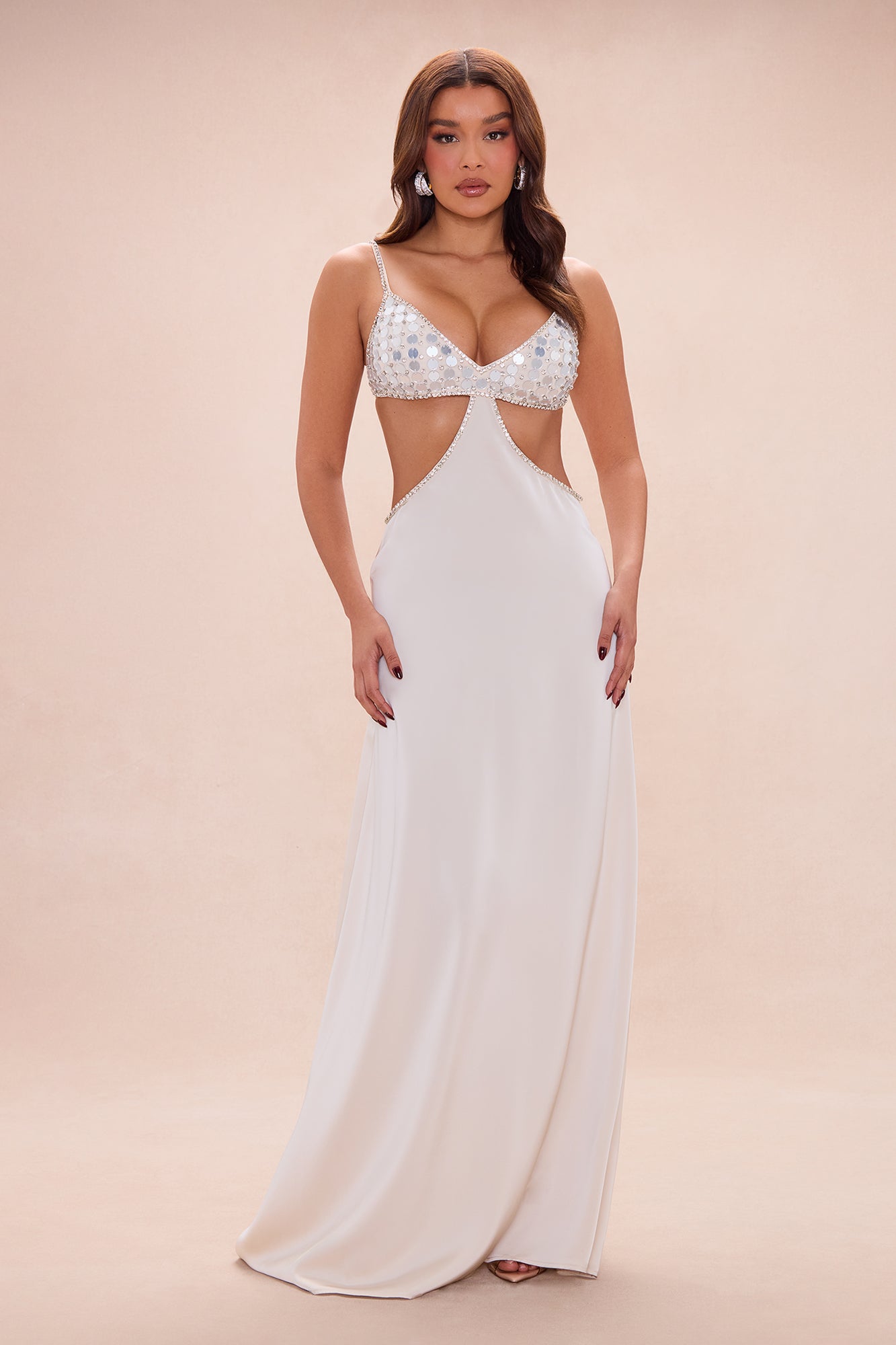 Kassie Satin Embellished Cut Out Maxi Dress - Cream