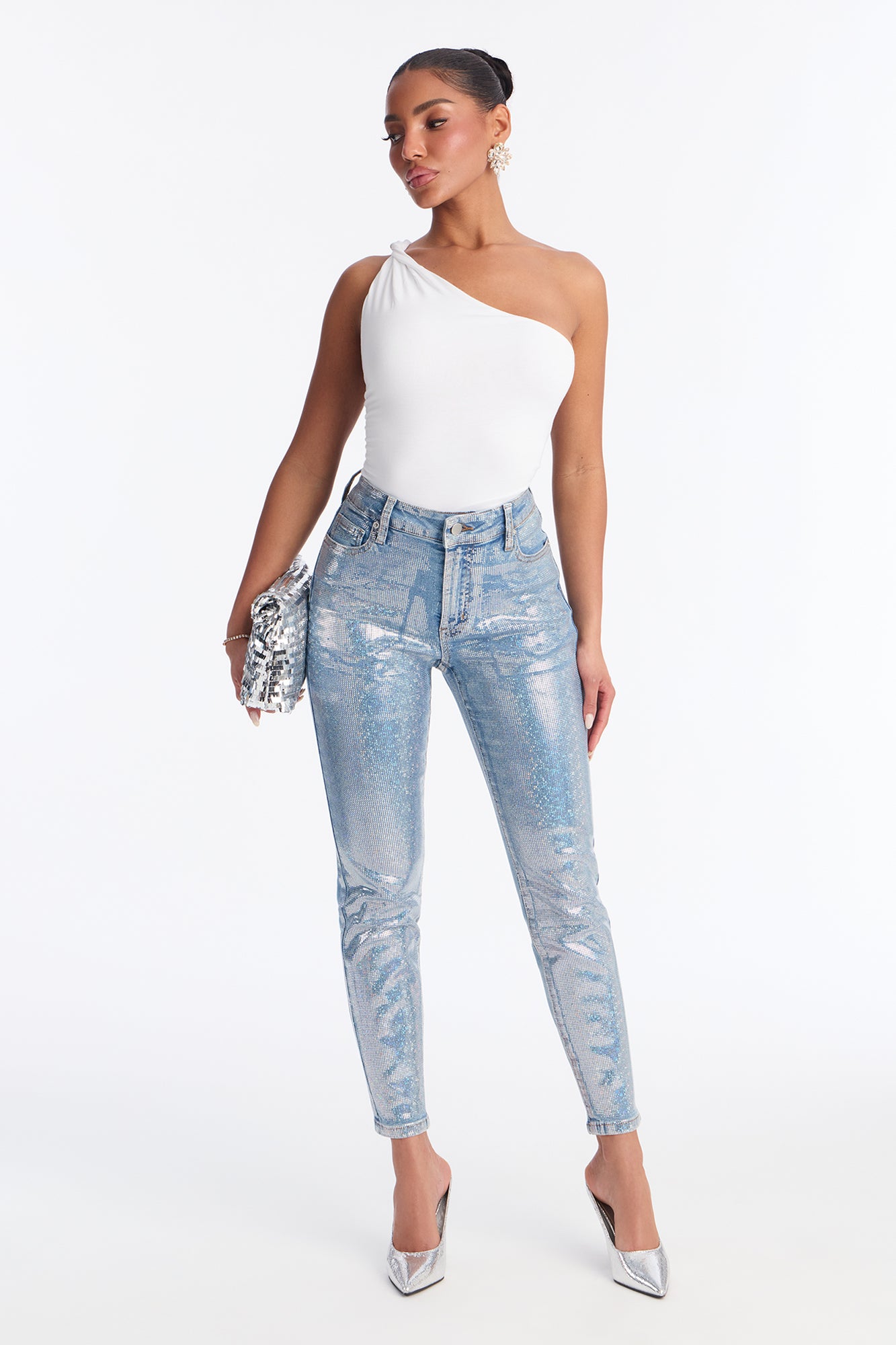 Elegante Foil Print Skinny Jeans - Light Wash