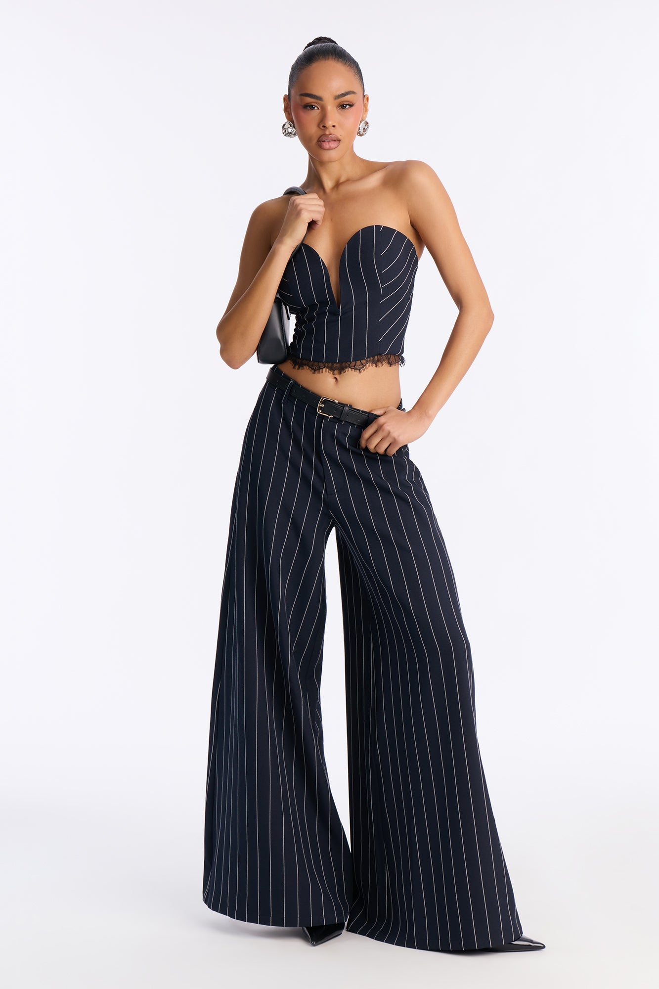 Personal Business Belted Pinstripe Pant Set - Navy