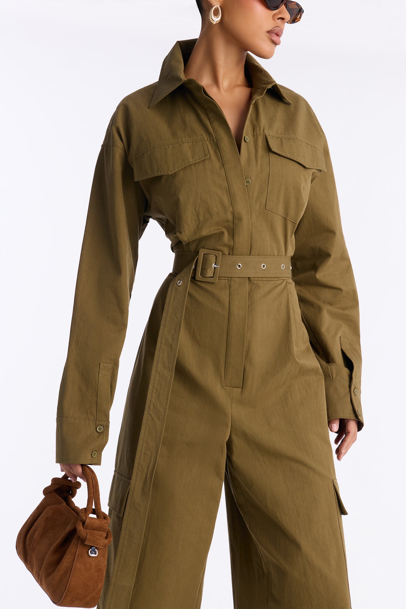 Streetwear Muse Utility Wide Leg Jumpsuit - Olive