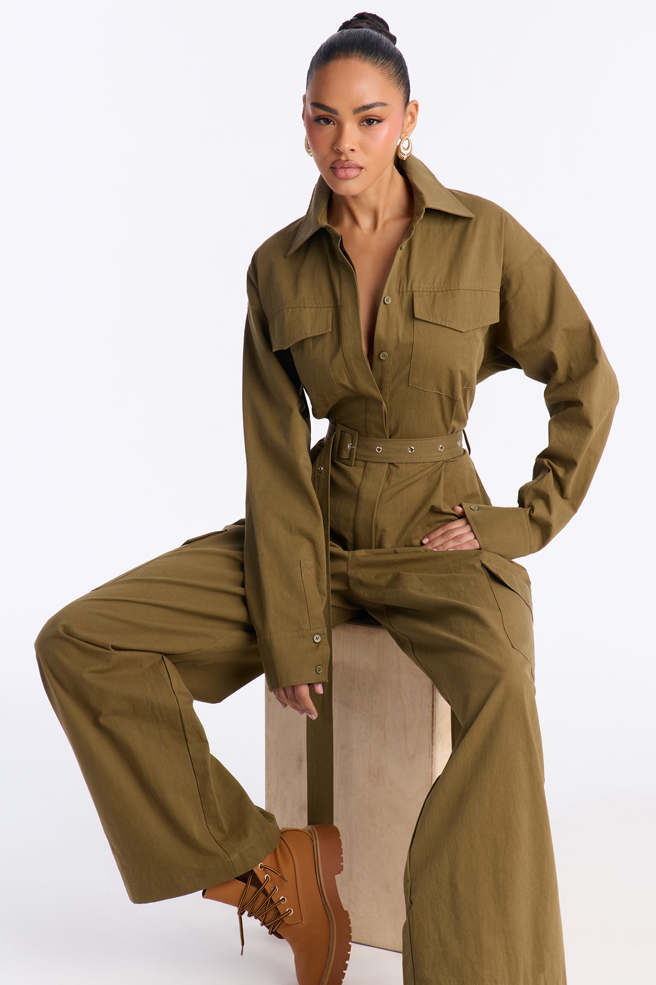 Streetwear Muse Utility Wide Leg Jumpsuit - Olive
