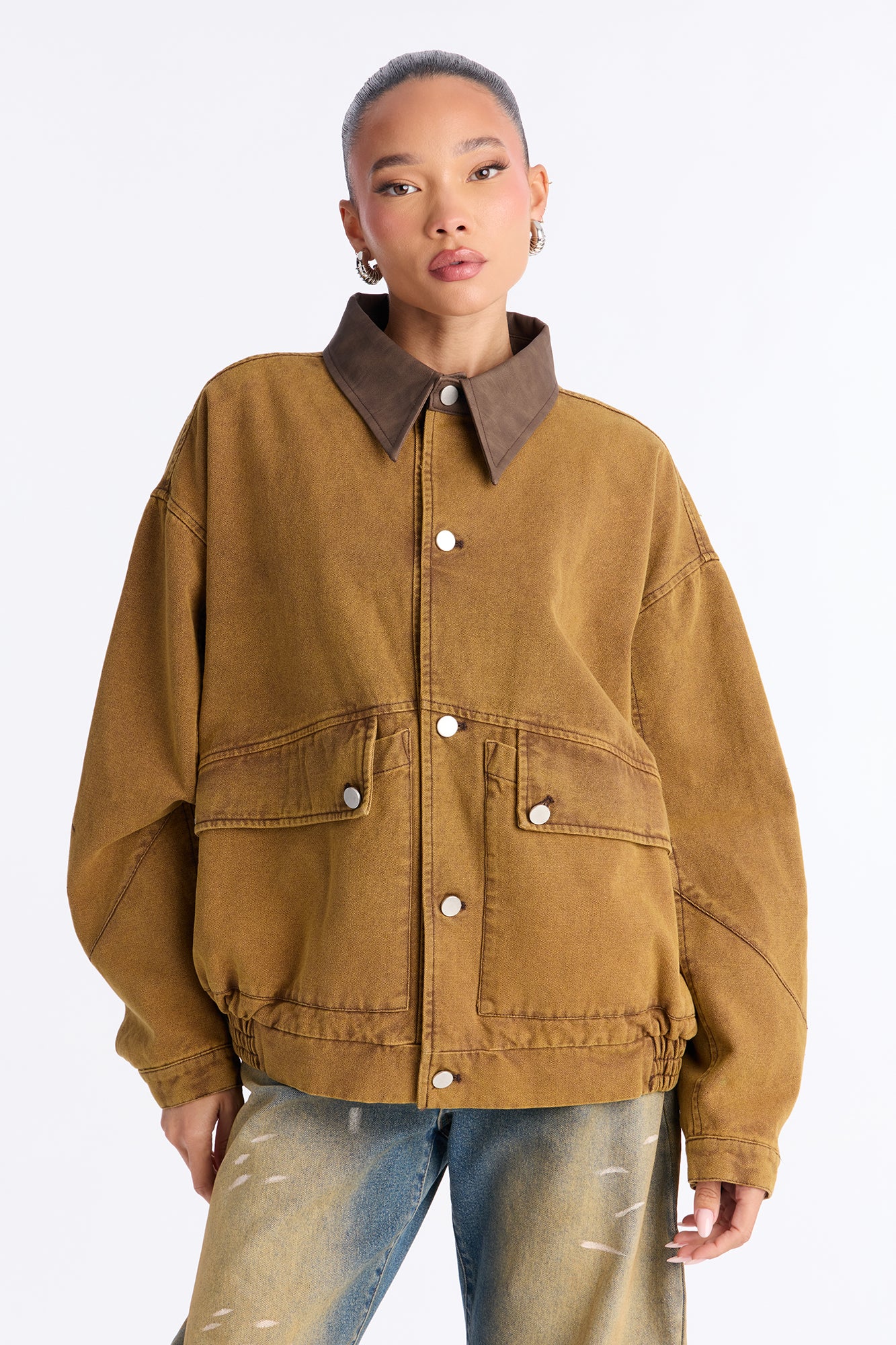 Day Trip Oversized Washed Barn Trucker Jacket - Khaki