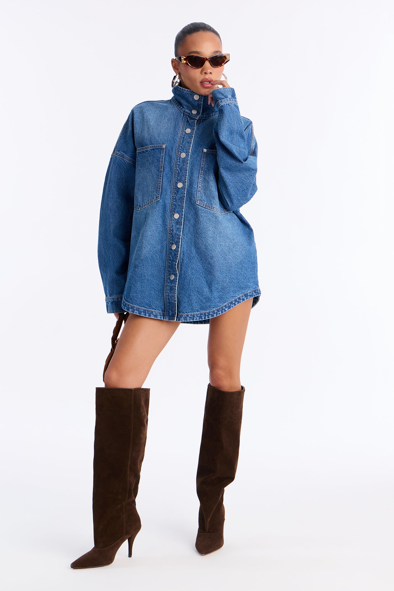 Freya High Neck Oversized Denim Shacket - Medium Wash