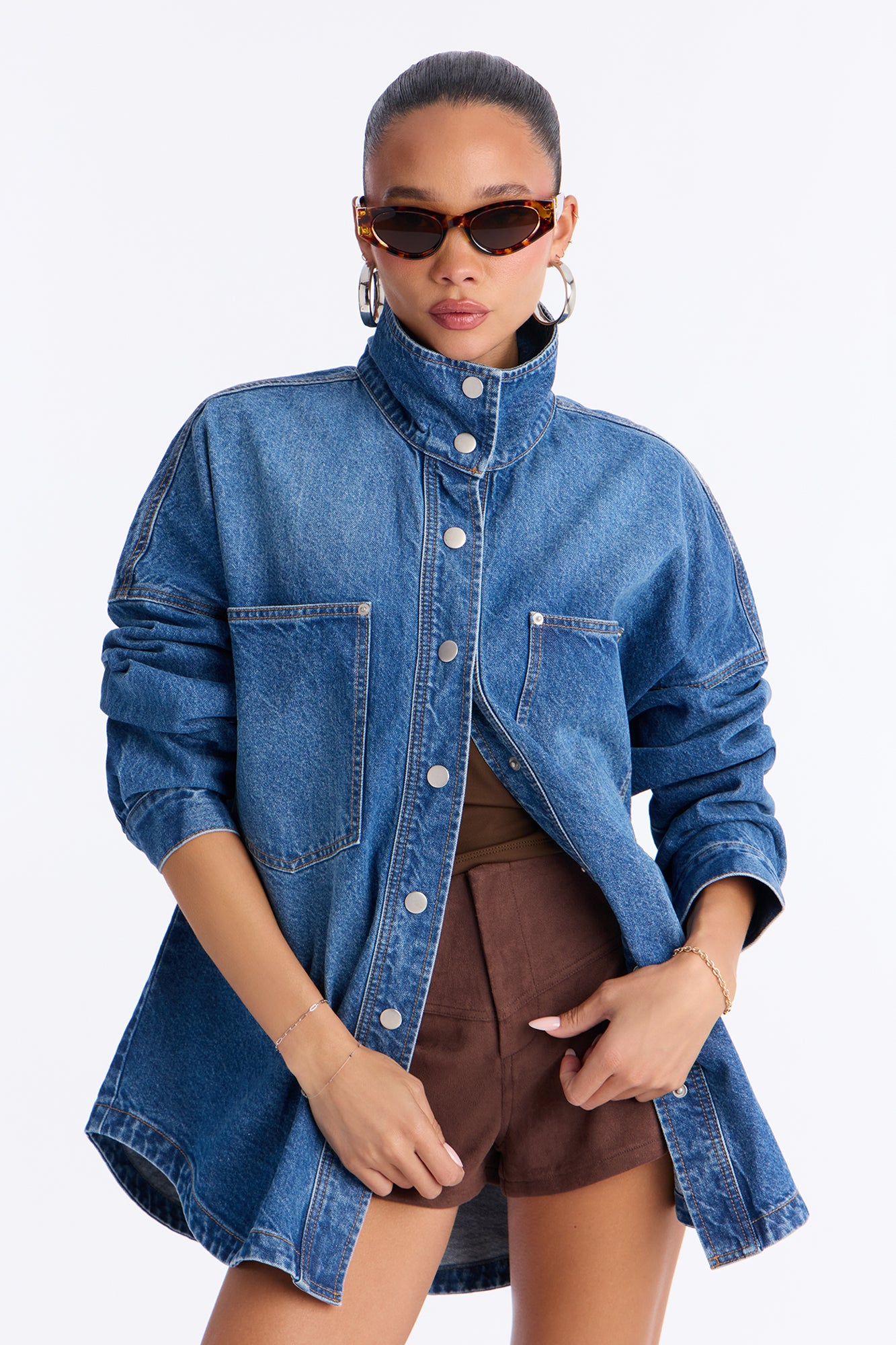 Freya High Neck Oversized Denim Shacket - Medium Wash