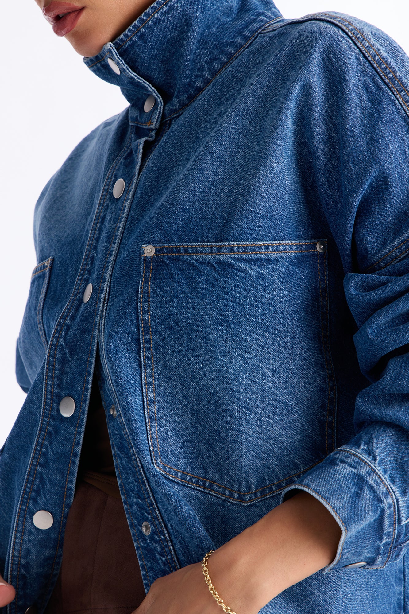 Freya High Neck Oversized Denim Shacket - Medium Wash