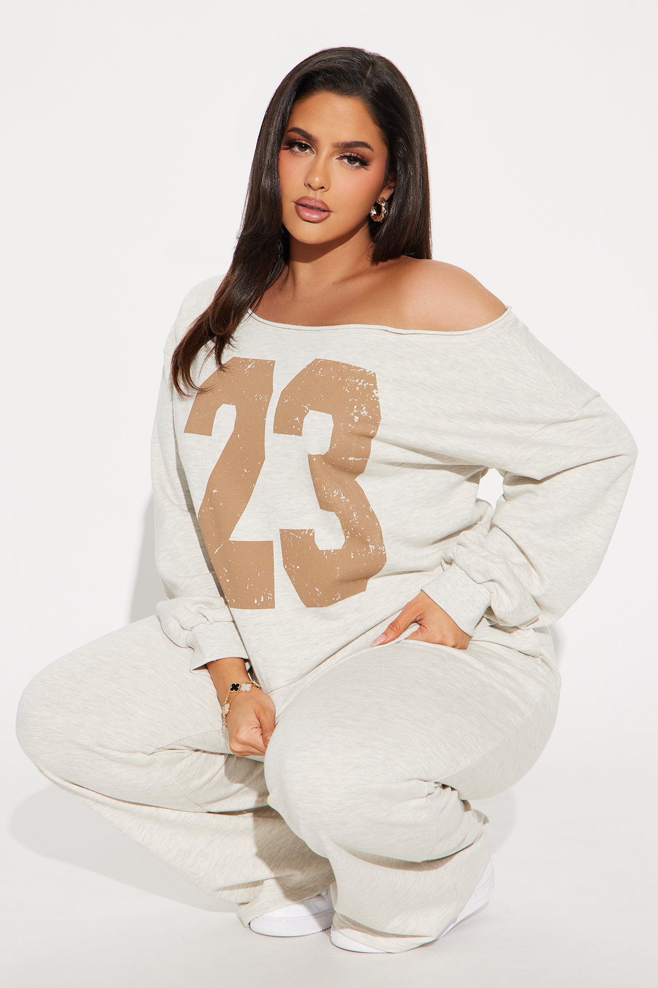 23 Off Shoulder Sweatsuit Set - Oatmeal