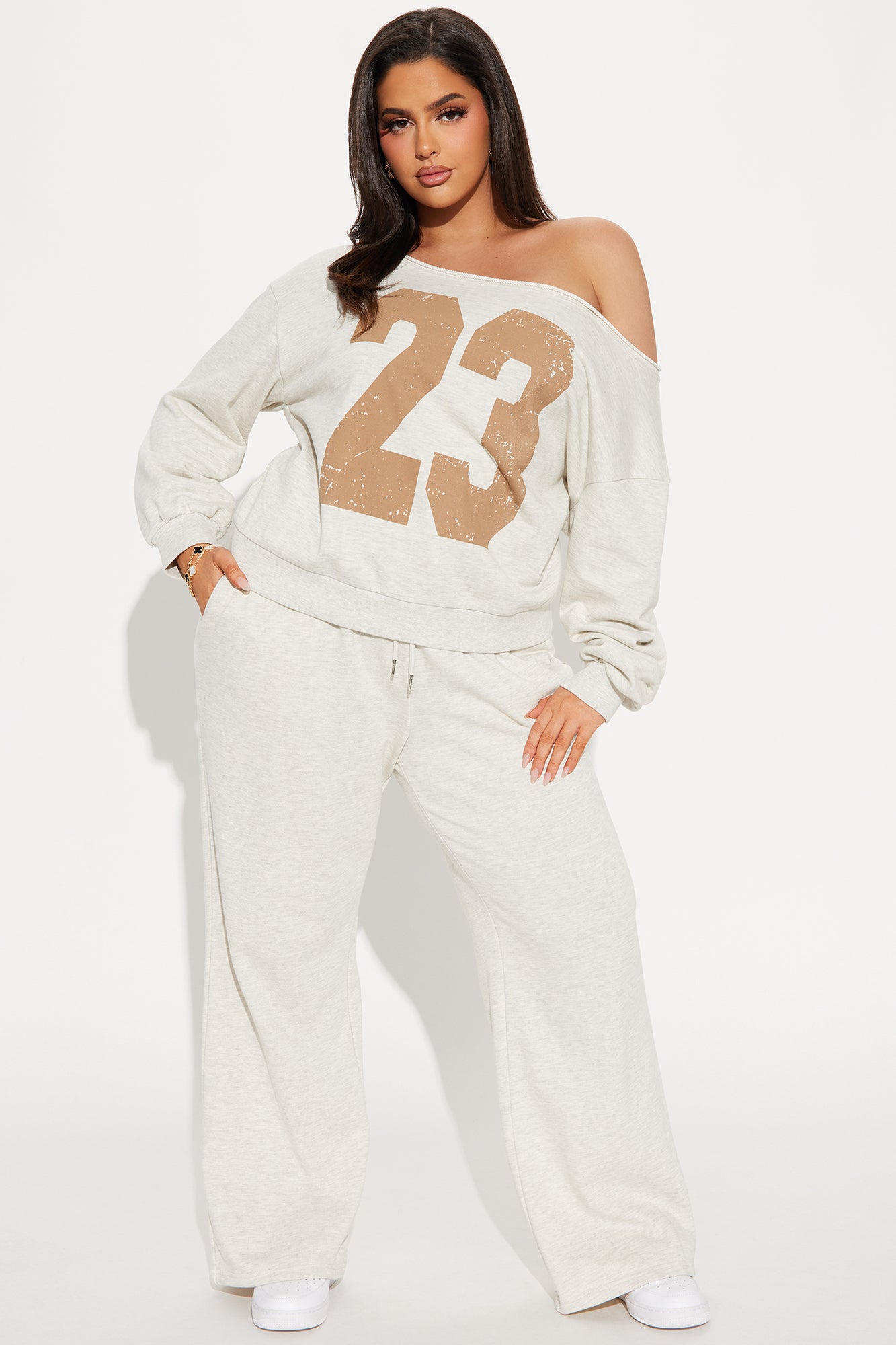 23 Off Shoulder Sweatsuit Set - Oatmeal