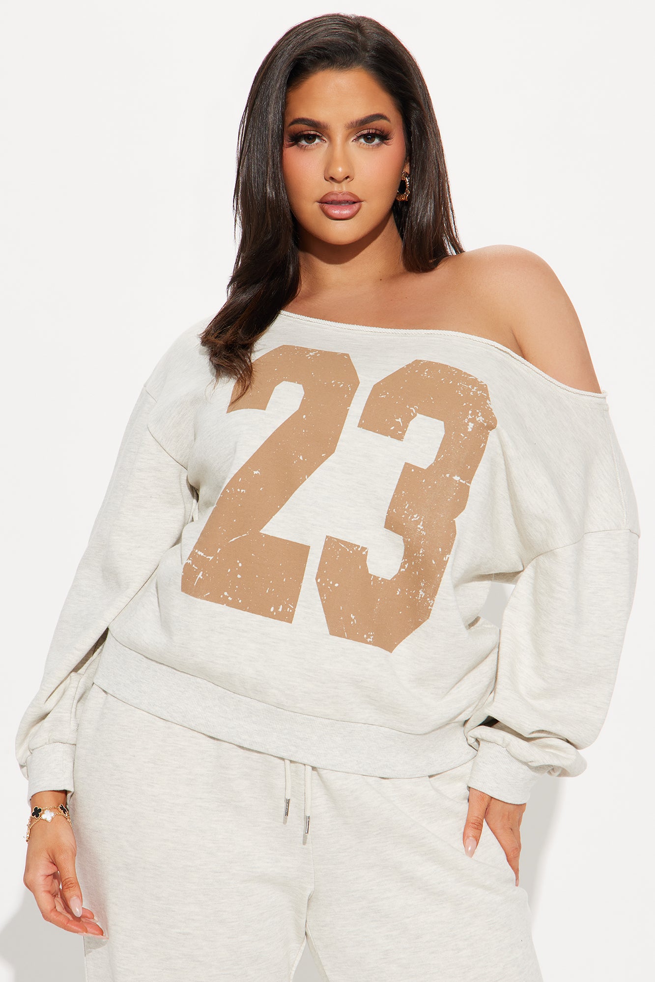 23 Off Shoulder Sweatsuit Set - Oatmeal