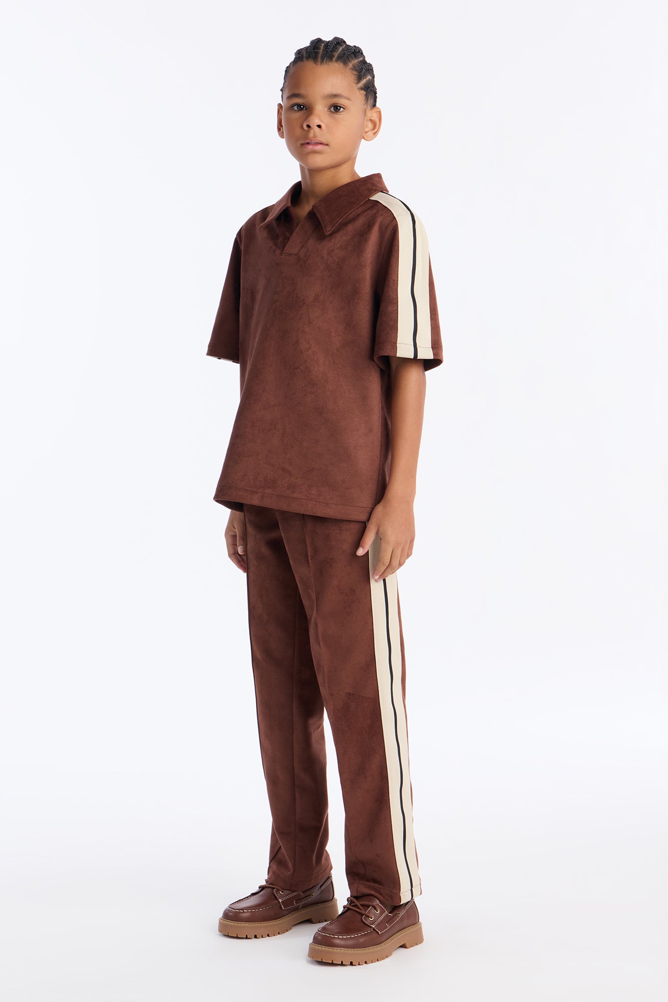 Mini Faux Suede Short Sleeve Johnny Collar Polo - Brown