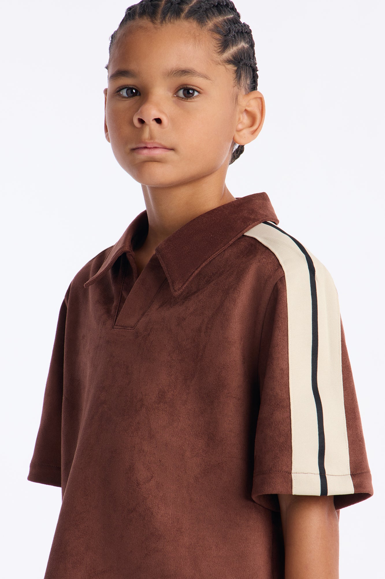 Mini Faux Suede Short Sleeve Johnny Collar Polo - Brown