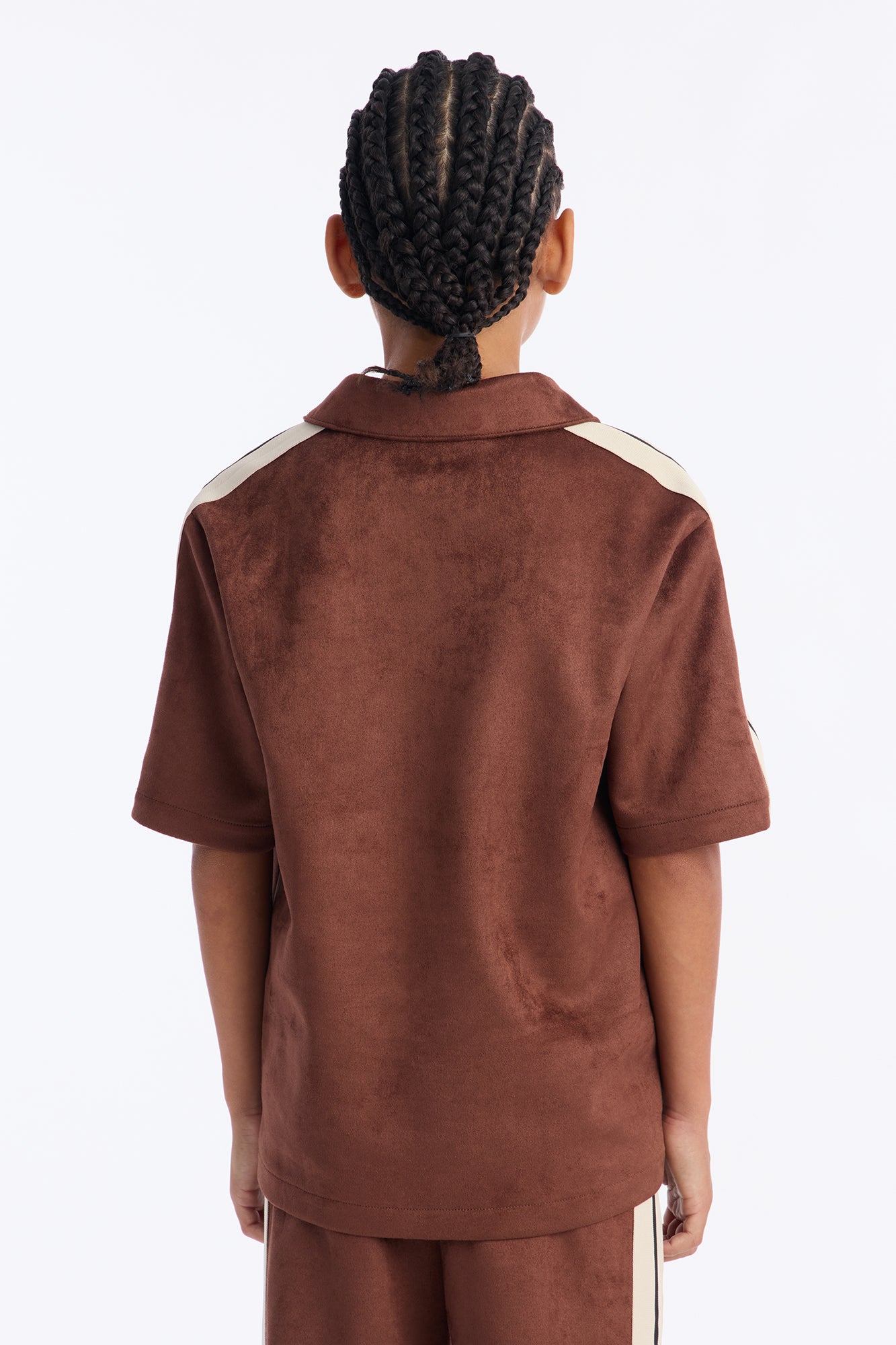 Mini Faux Suede Short Sleeve Johnny Collar Polo - Brown