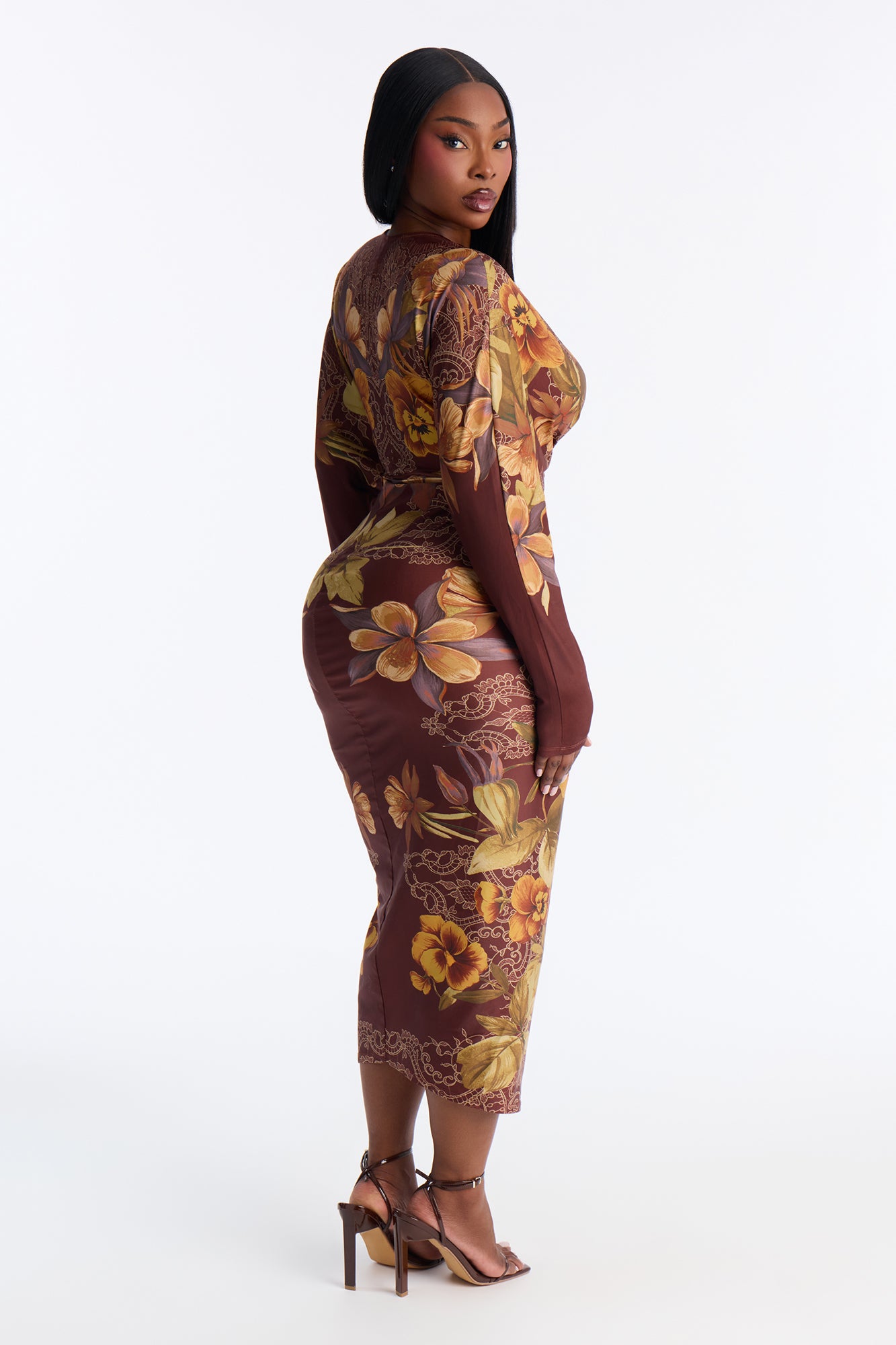 European Dreaming Long Sleeve Midi Dress - Brown/combo