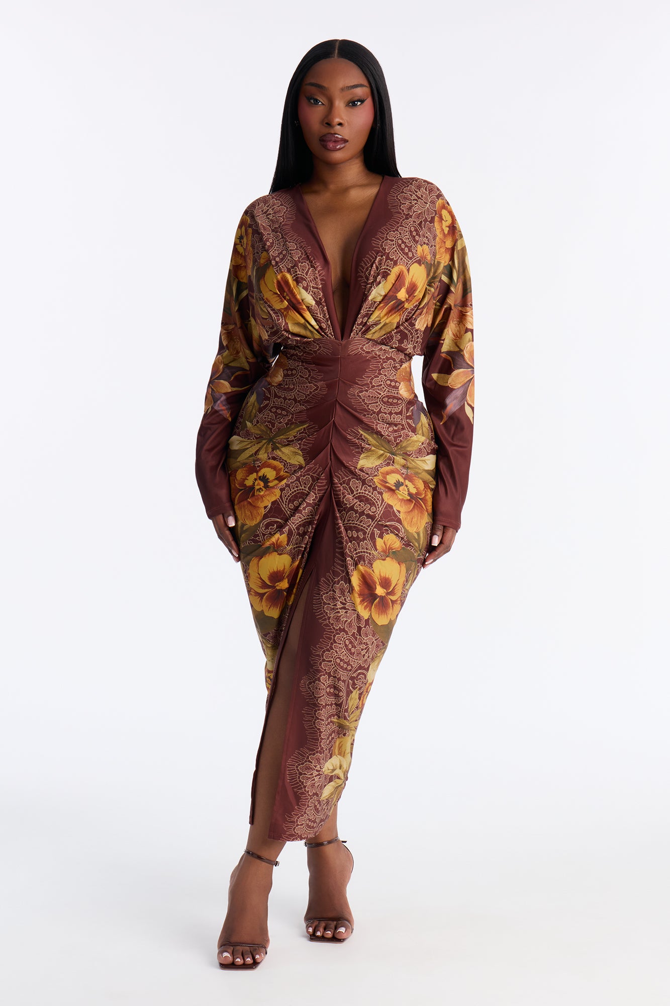 European Dreaming Long Sleeve Midi Dress - Brown/combo