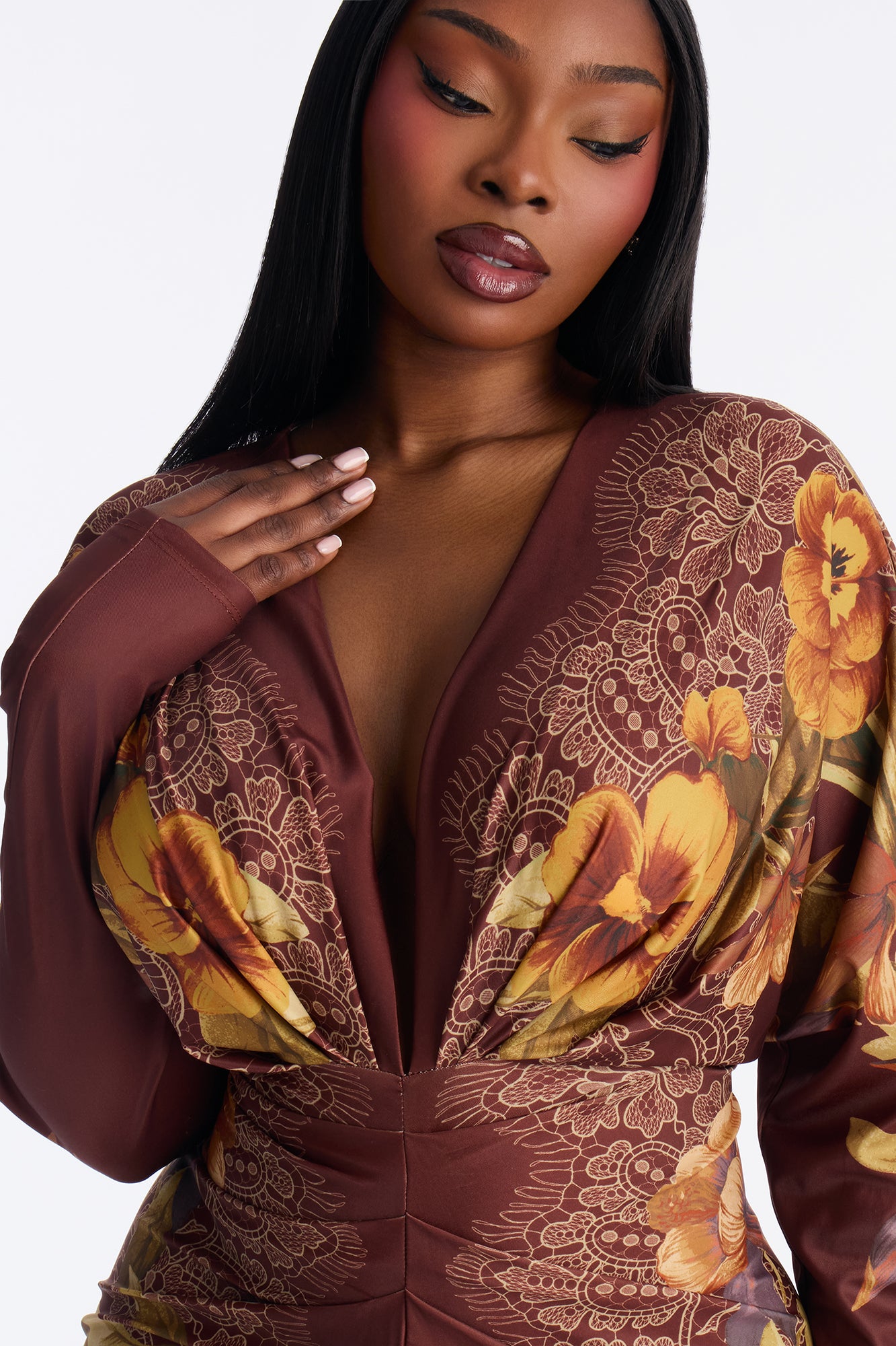 European Dreaming Long Sleeve Midi Dress - Brown/combo