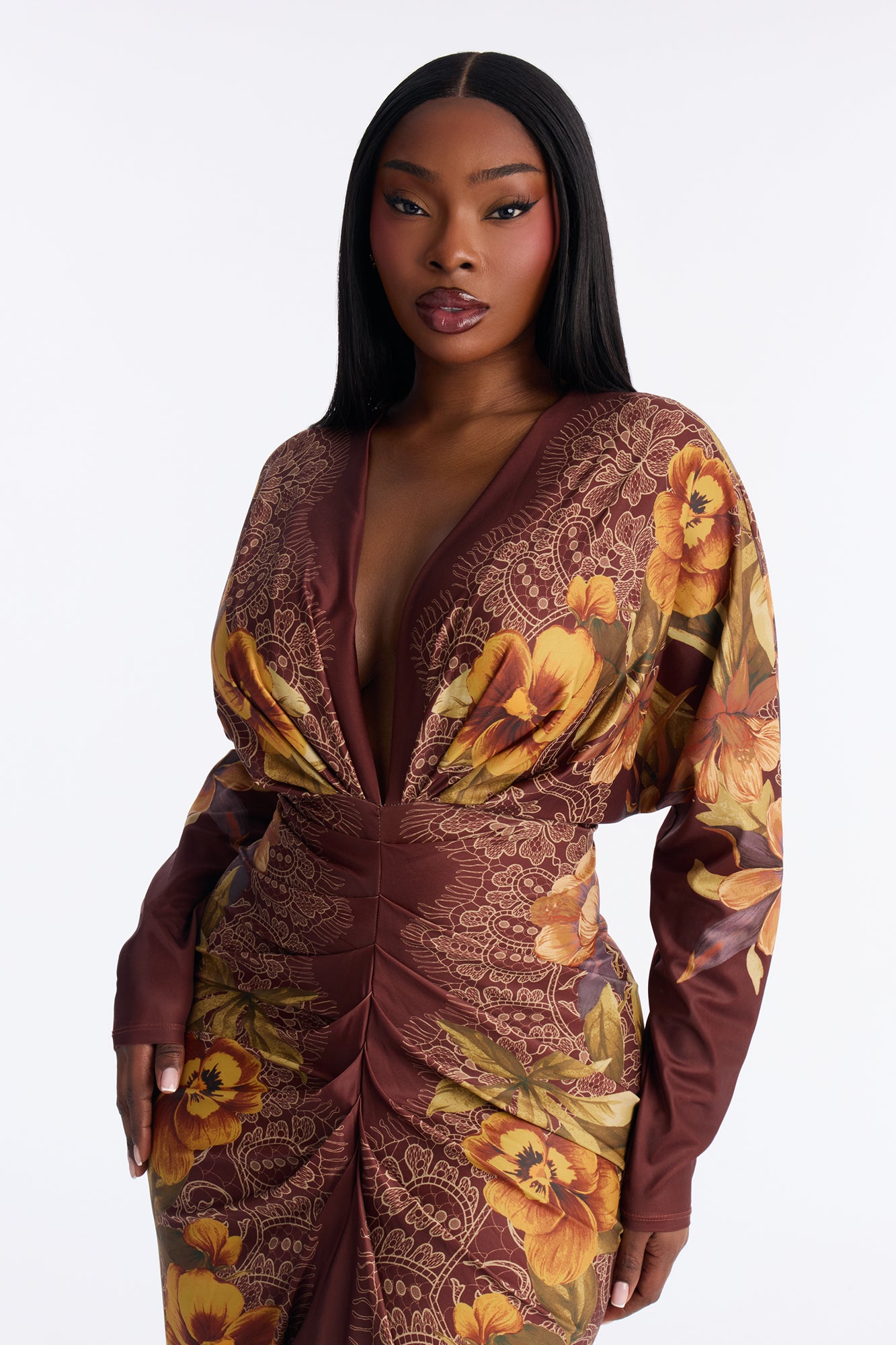 European Dreaming Long Sleeve Midi Dress - Brown/combo