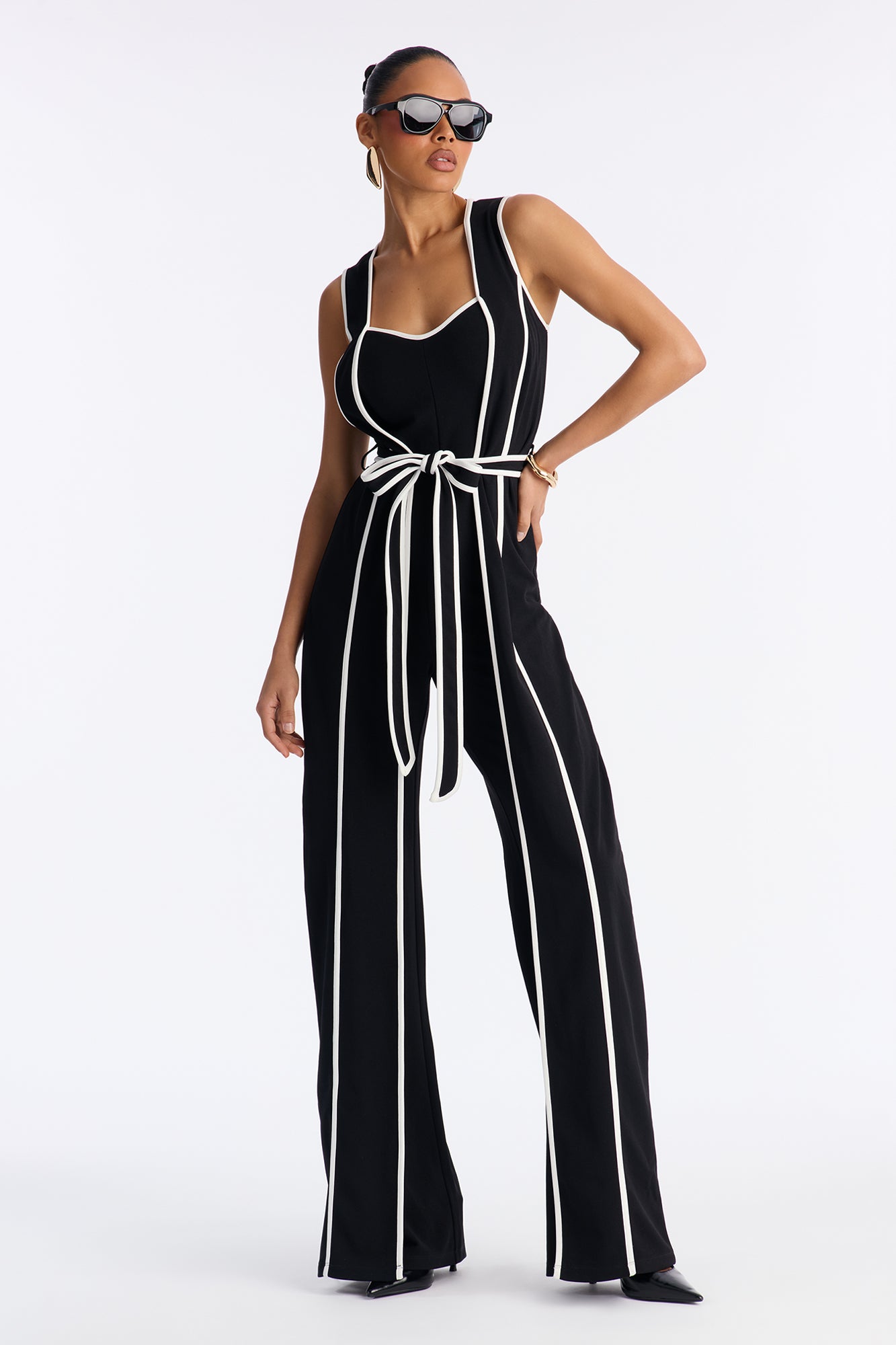Amalie Tie Belt Wide Leg Jumpsuit - Black/White