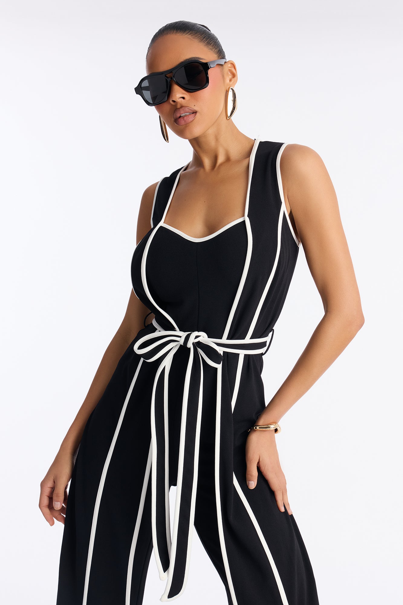 Amalie Tie Belt Wide Leg Jumpsuit - Black/White