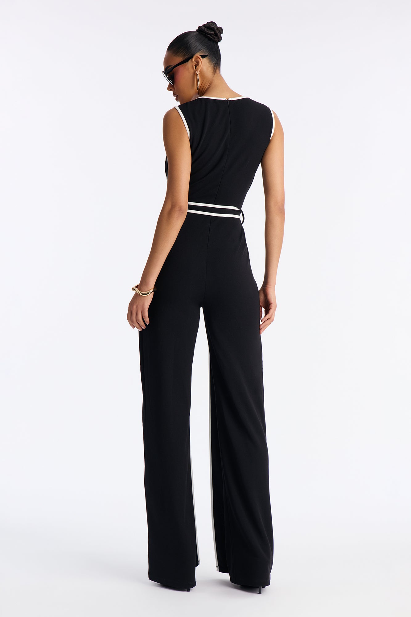Amalie Tie Belt Wide Leg Jumpsuit - Black/White