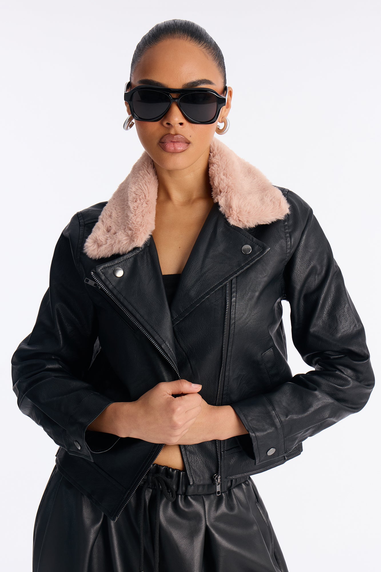 Karissa Faux Leather Fur Collar Moto Jacket - Black