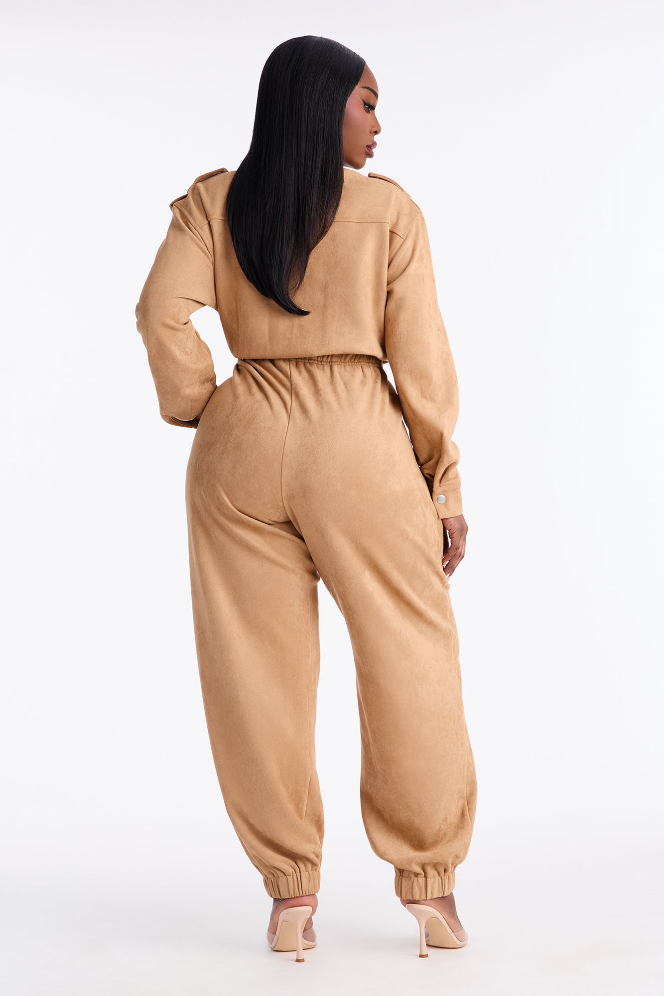 Sofia Suede Long Sleeve Cargo Jogger Jumpsuit - Taupe