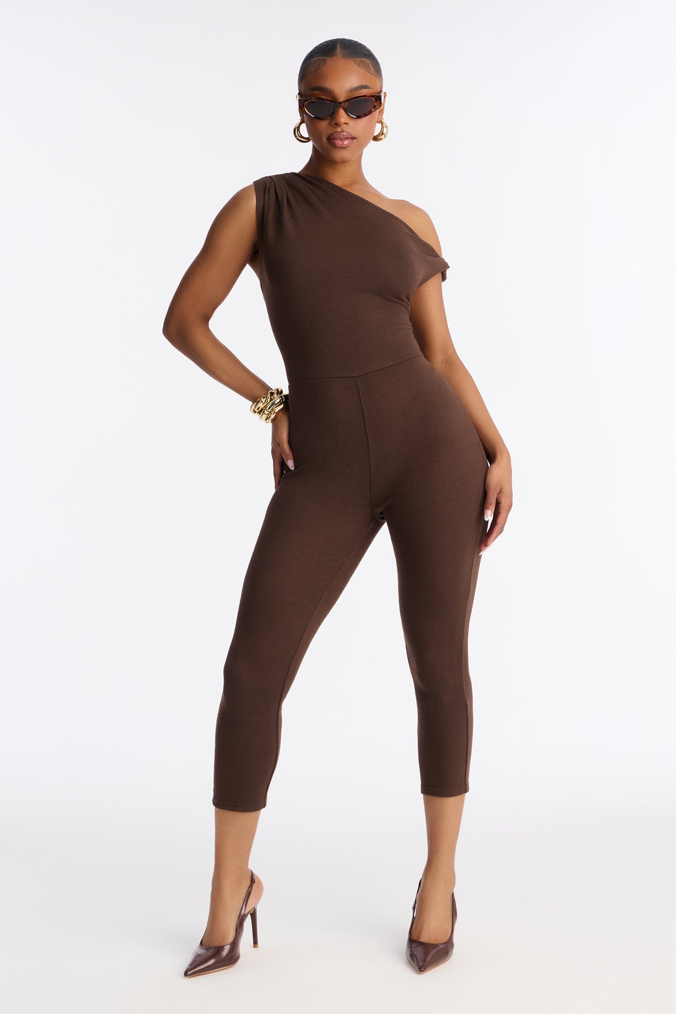 Gaia One Shoulder Capri Leg Jumpsuit - Chocolate