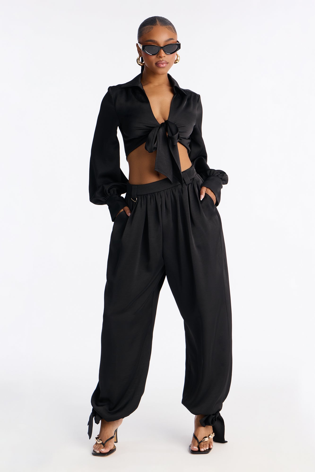 Michelle Satin Balloon Pant Set - Black