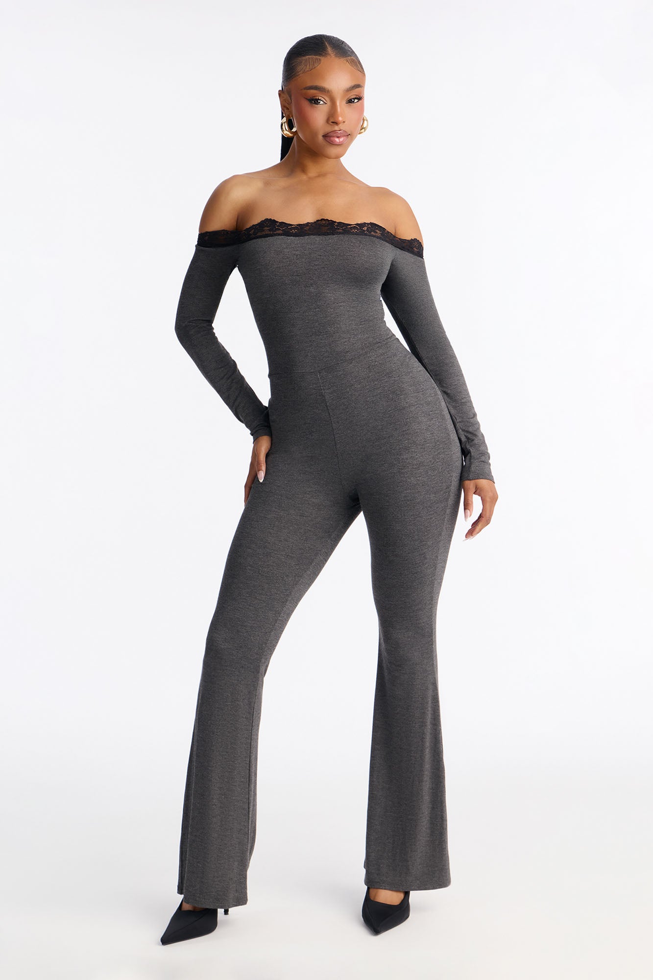 Kim Lace Trim Flare Leg Jumpsuit - Charcoal