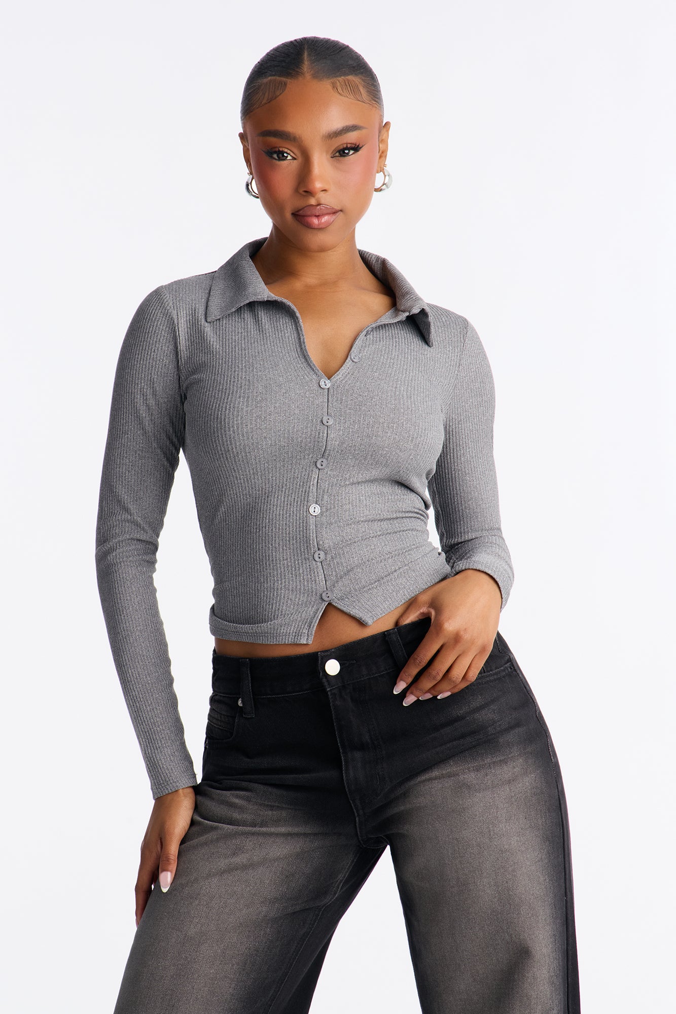Mable Long Sleeve Layered Top - Charcoal