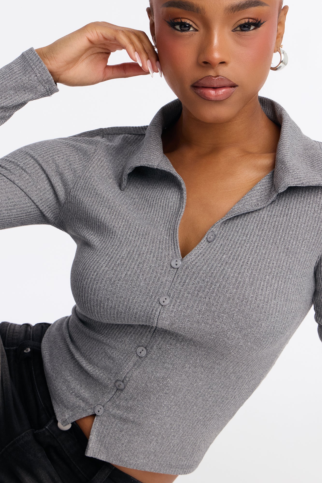 Mable Long Sleeve Layered Top - Charcoal