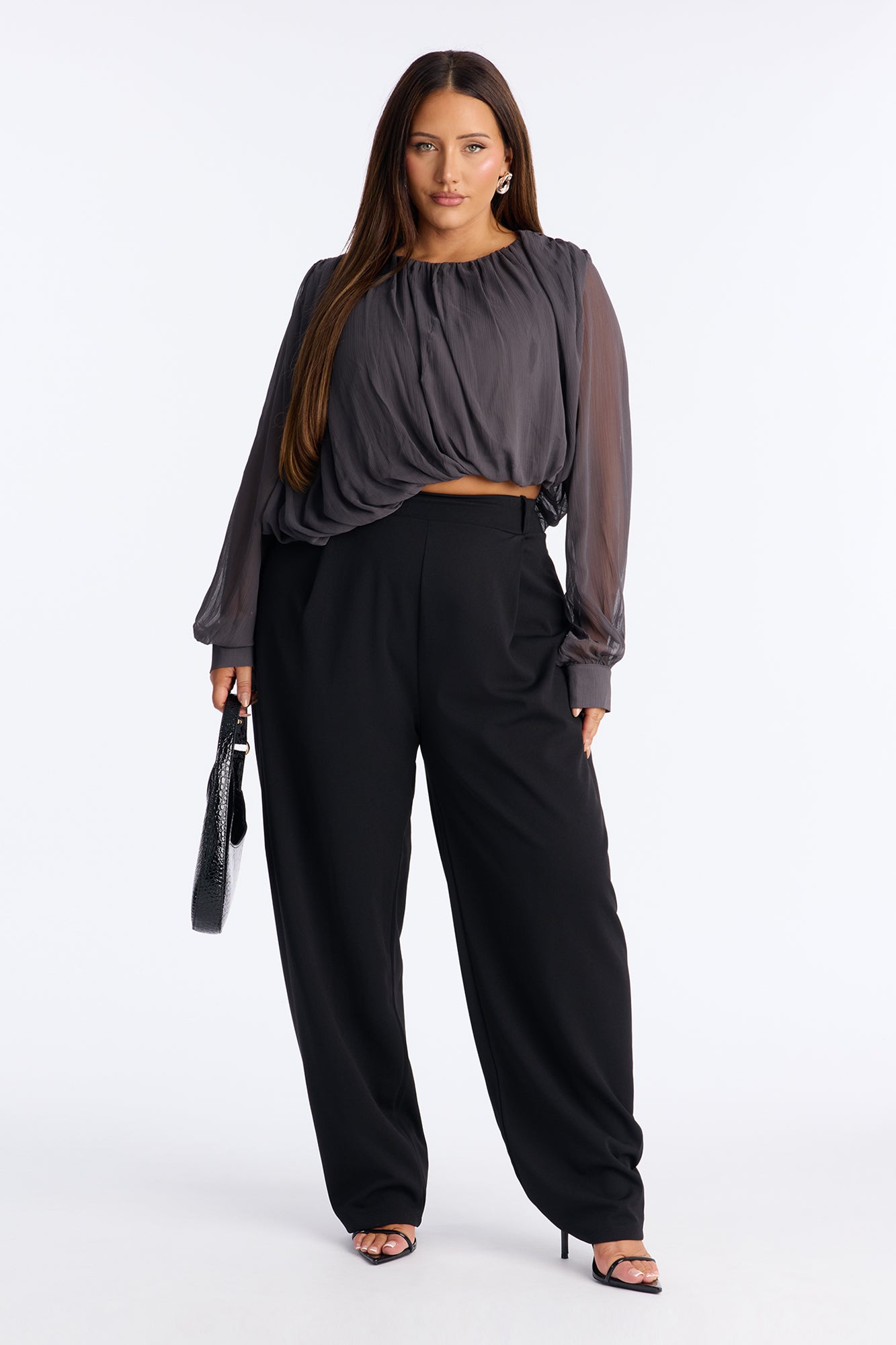 Anyah Asymmetrical Ruched Chiffon Top - Charcoal