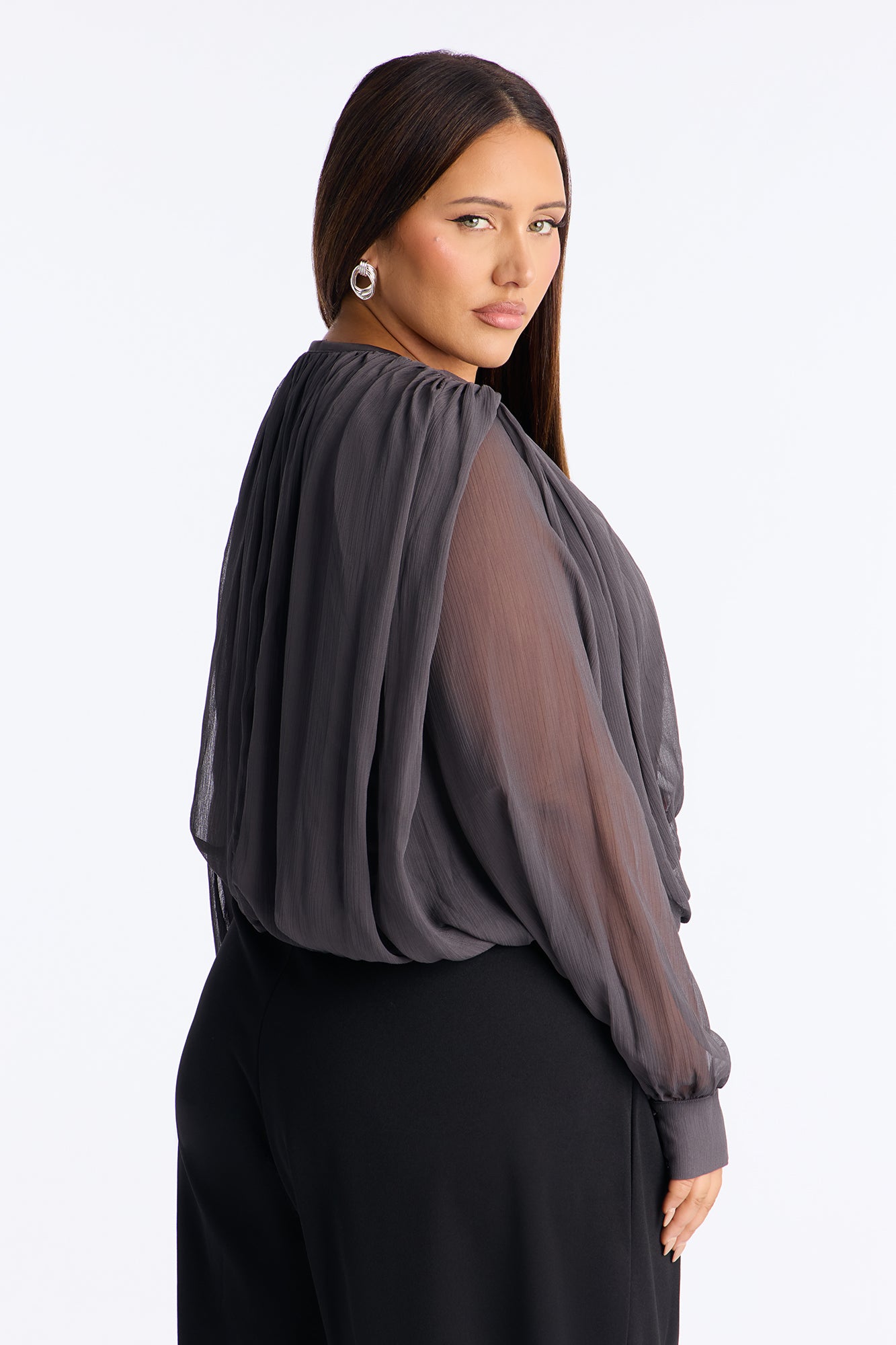 Anyah Asymmetrical Ruched Chiffon Top - Charcoal