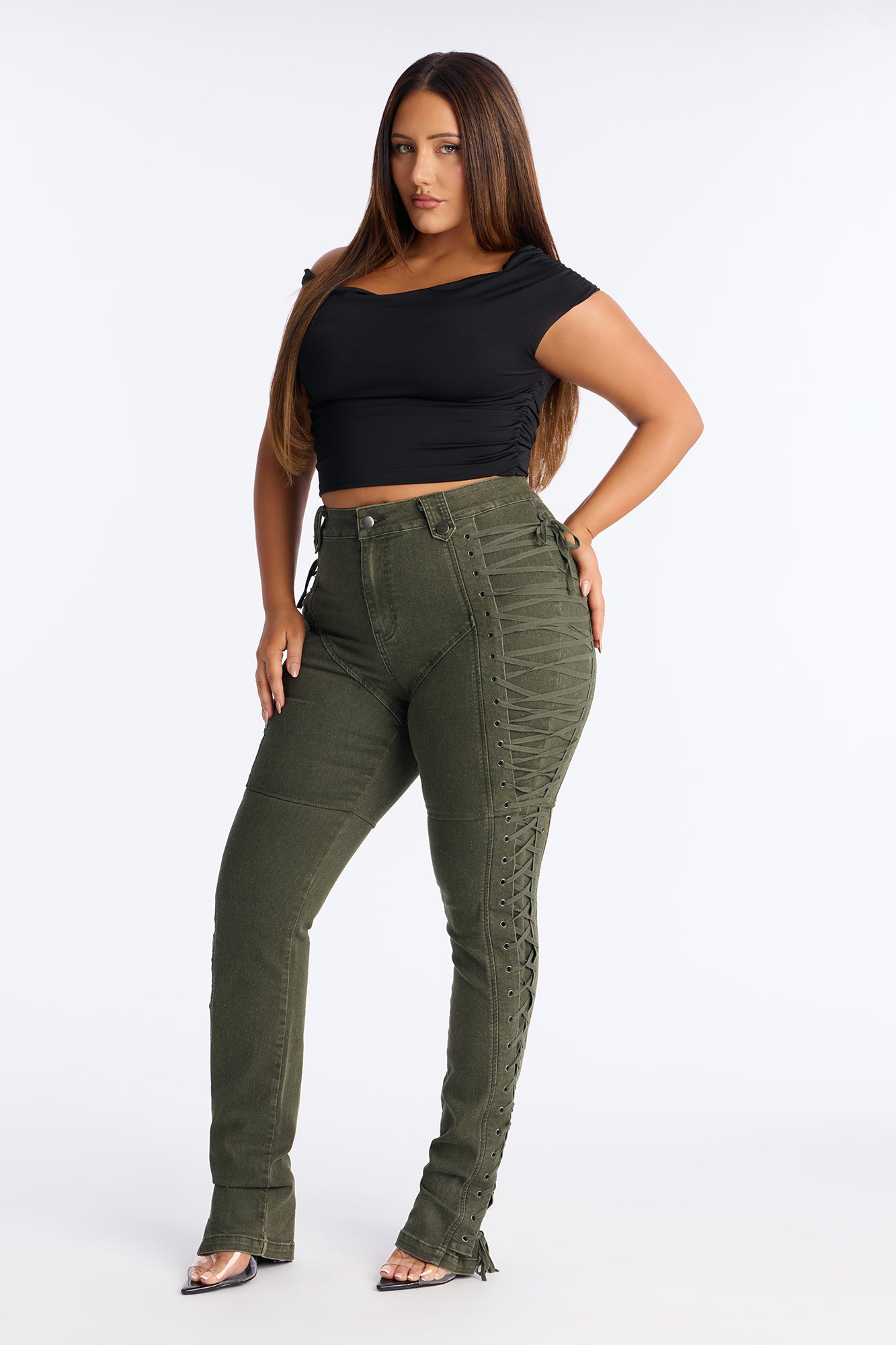 Tall After Hours Lace Up Flare Pant 36″ - Olive