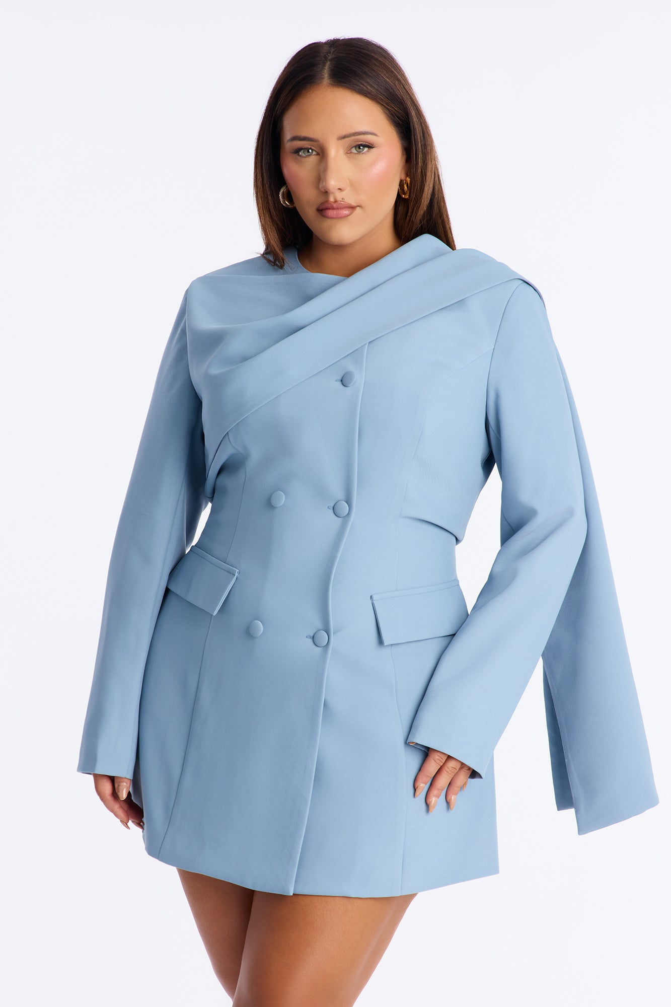 Run The World Long Sleeve Blazer Mini Dress - Dusty Blue