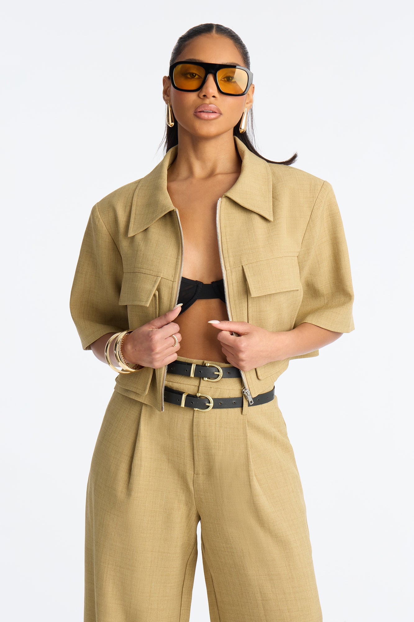 Julie Linen Double Belt Pant Set - Taupe