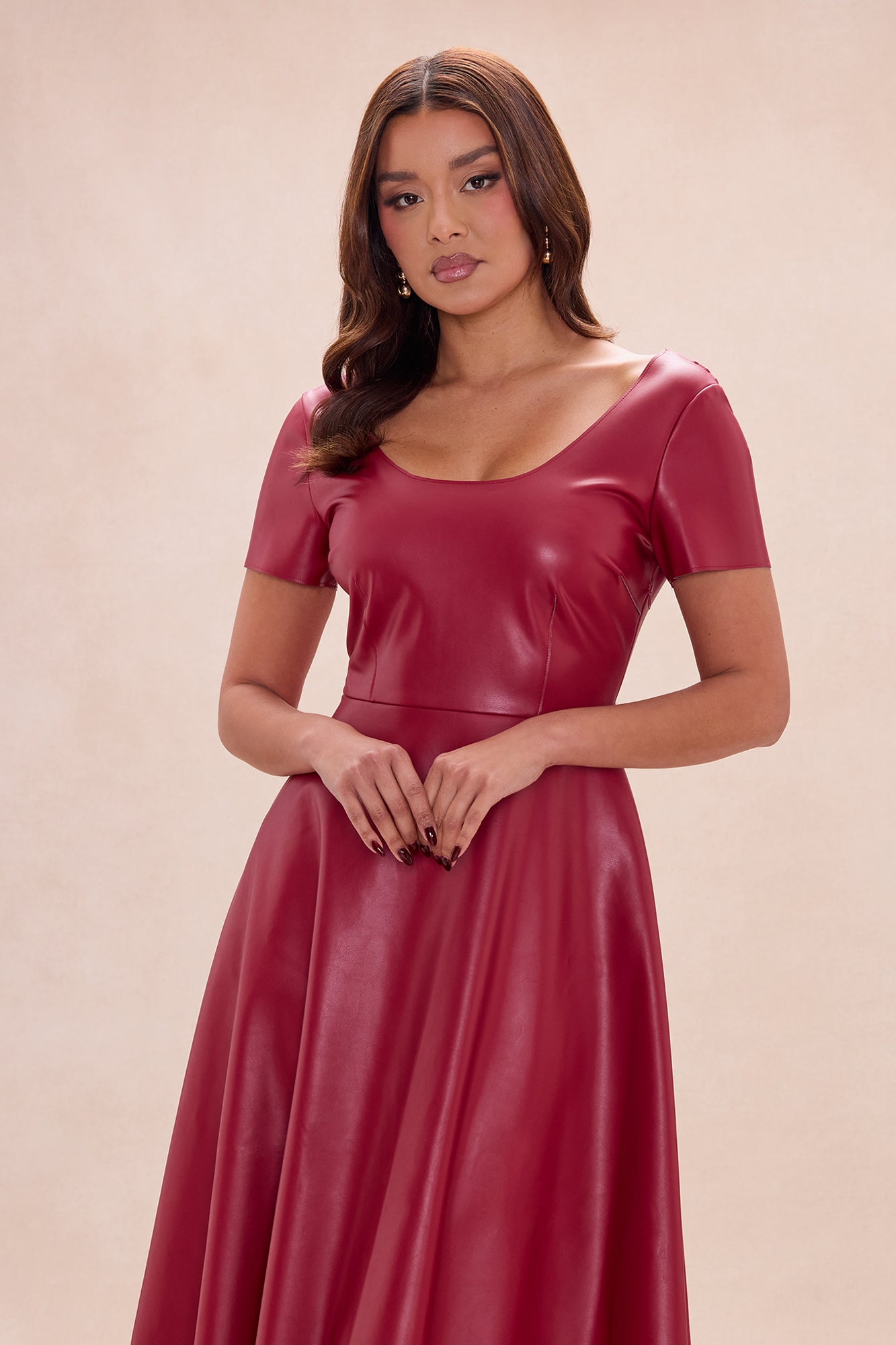 Jaclyn Faux Leather Midi Dress - Burgundy