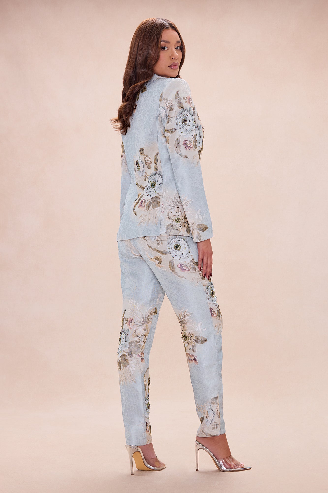 Riannon Embellished Jacquard Blazer Pant Set - Grey