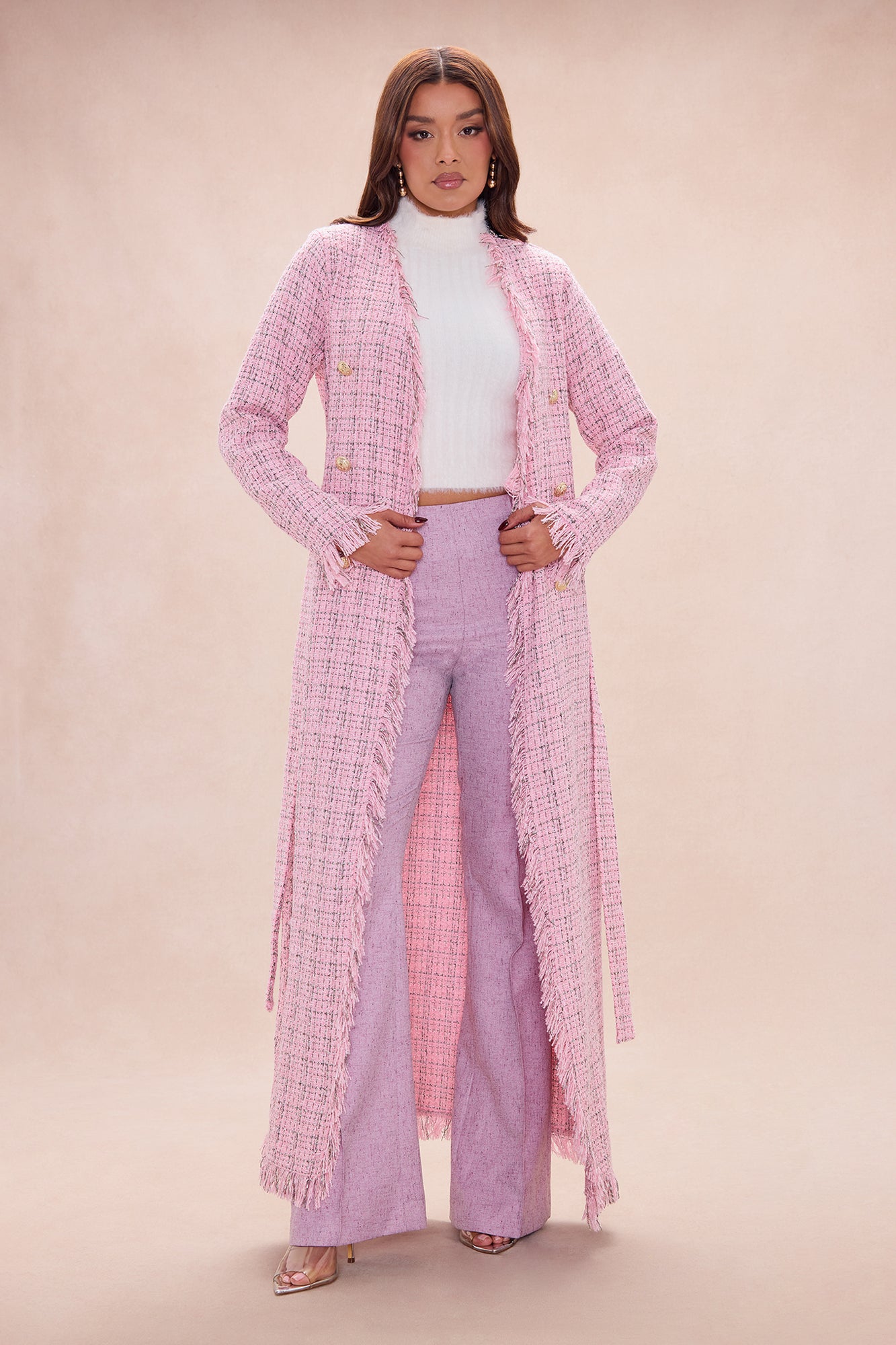 Sweet Edge Tweed Long Cardigan - Light Pink