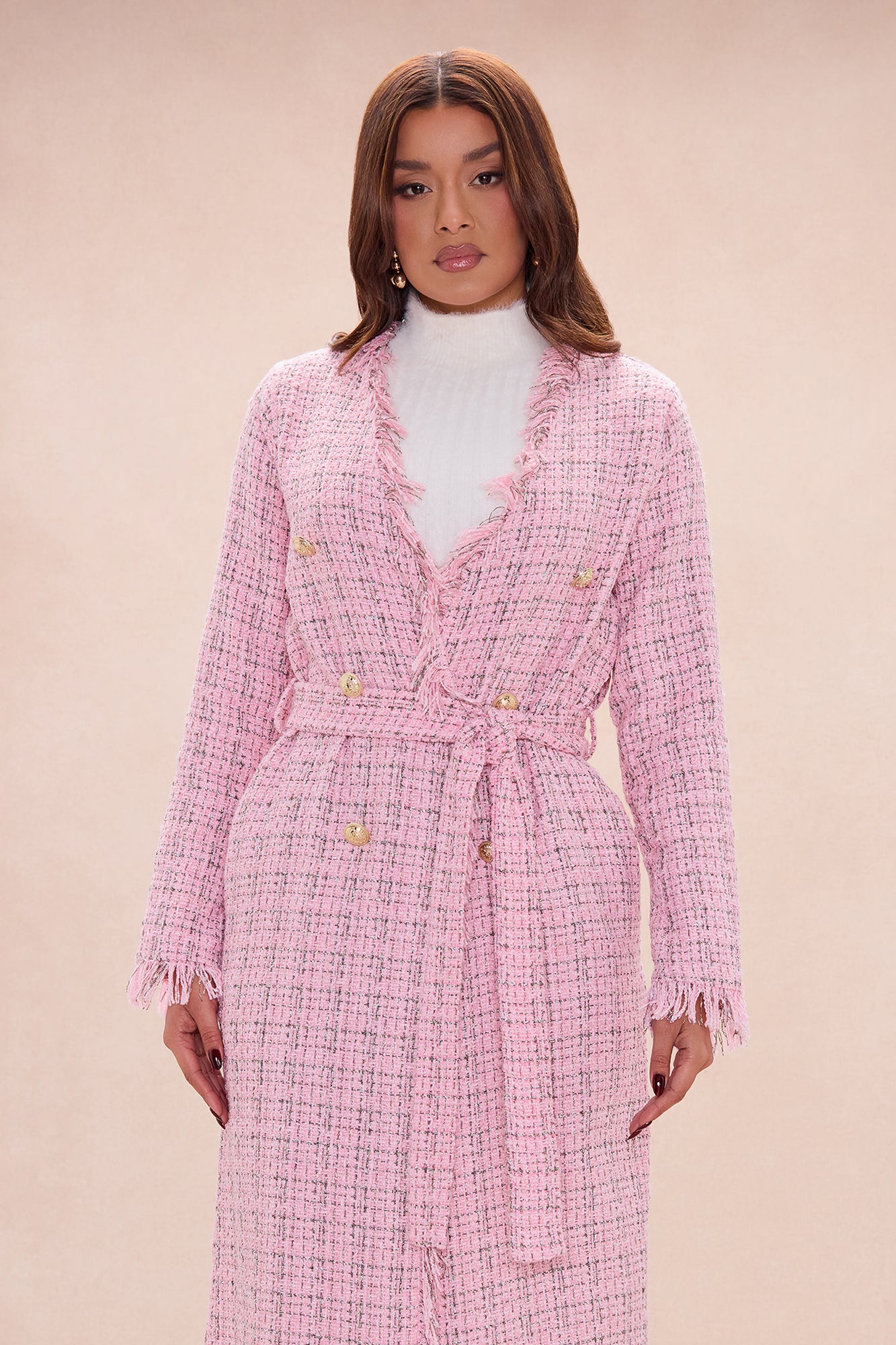 Sweet Edge Tweed Long Cardigan - Light Pink