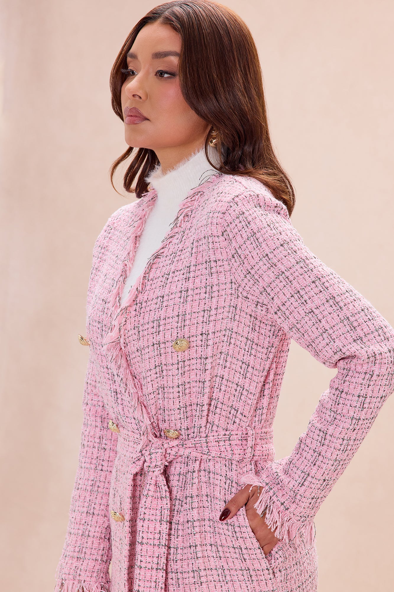 Sweet Edge Tweed Long Cardigan - Light Pink