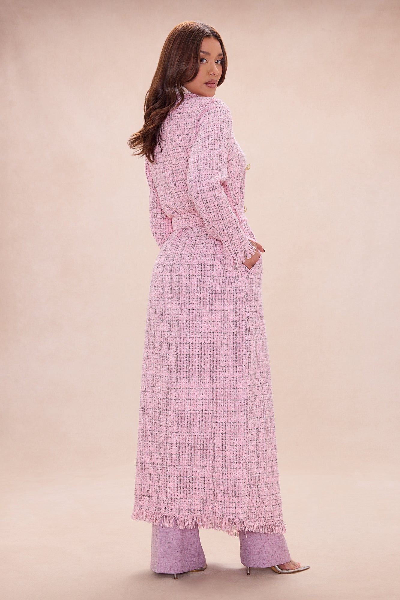 Sweet Edge Tweed Long Cardigan - Light Pink