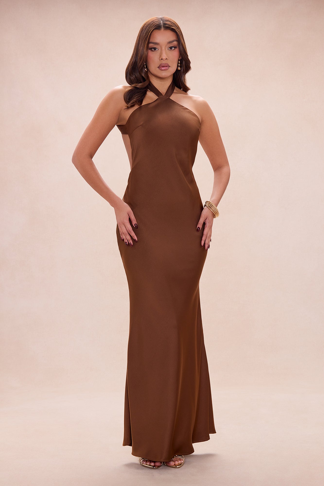 Margeaux Open Back Satin Maxi Dress - Chocolate