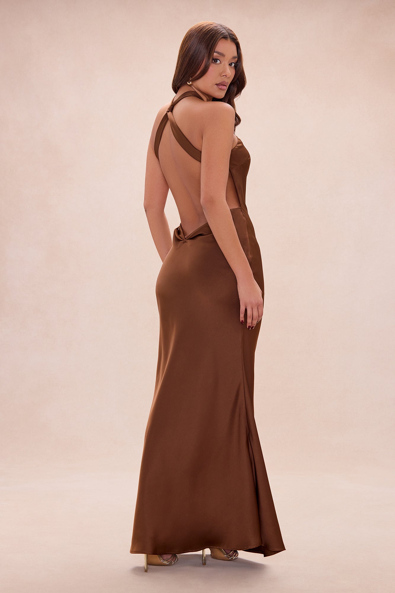 Margeaux Open Back Satin Maxi Dress - Chocolate