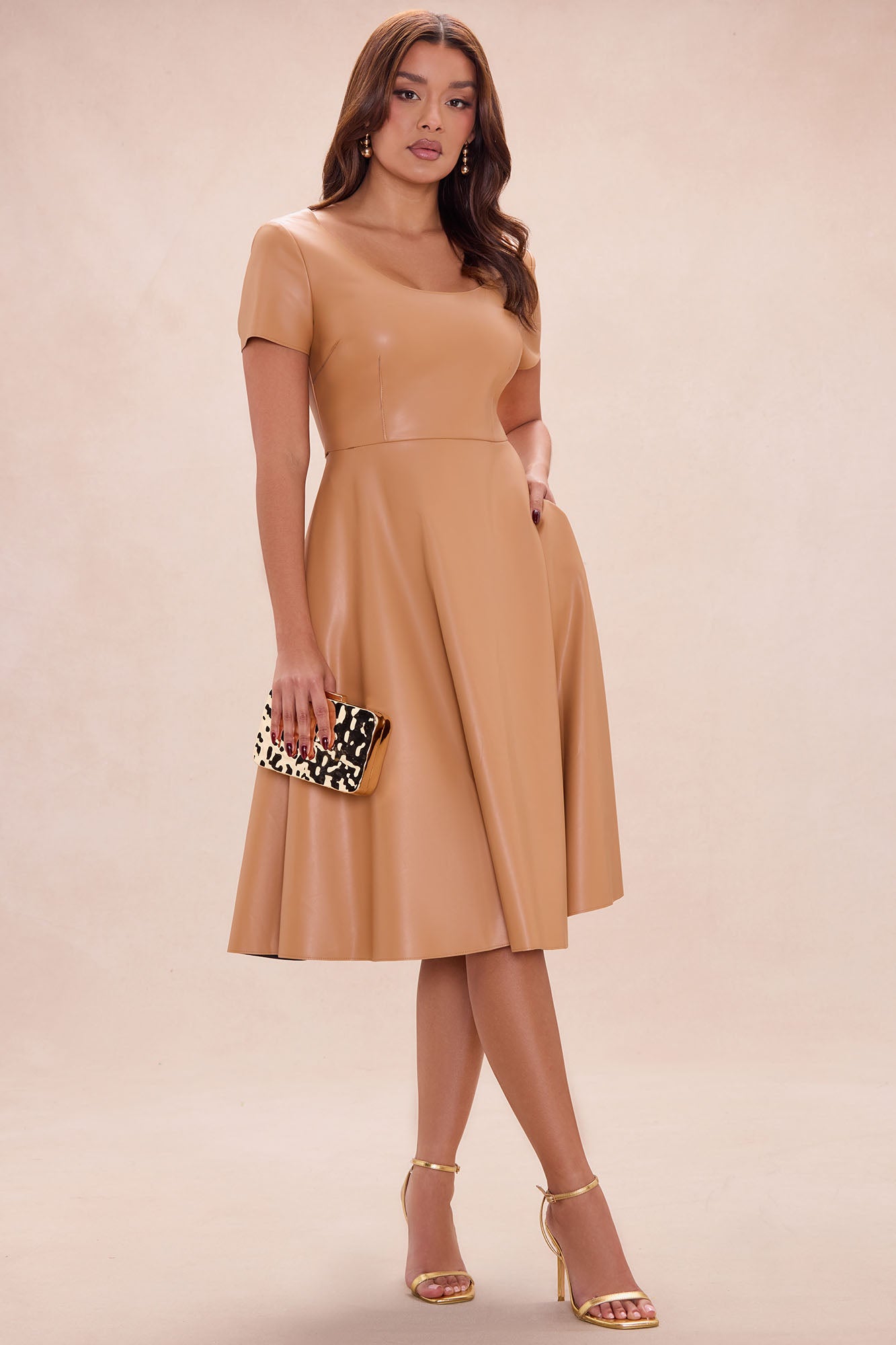 Jaclyn Faux Leather Midi Dress - Camel