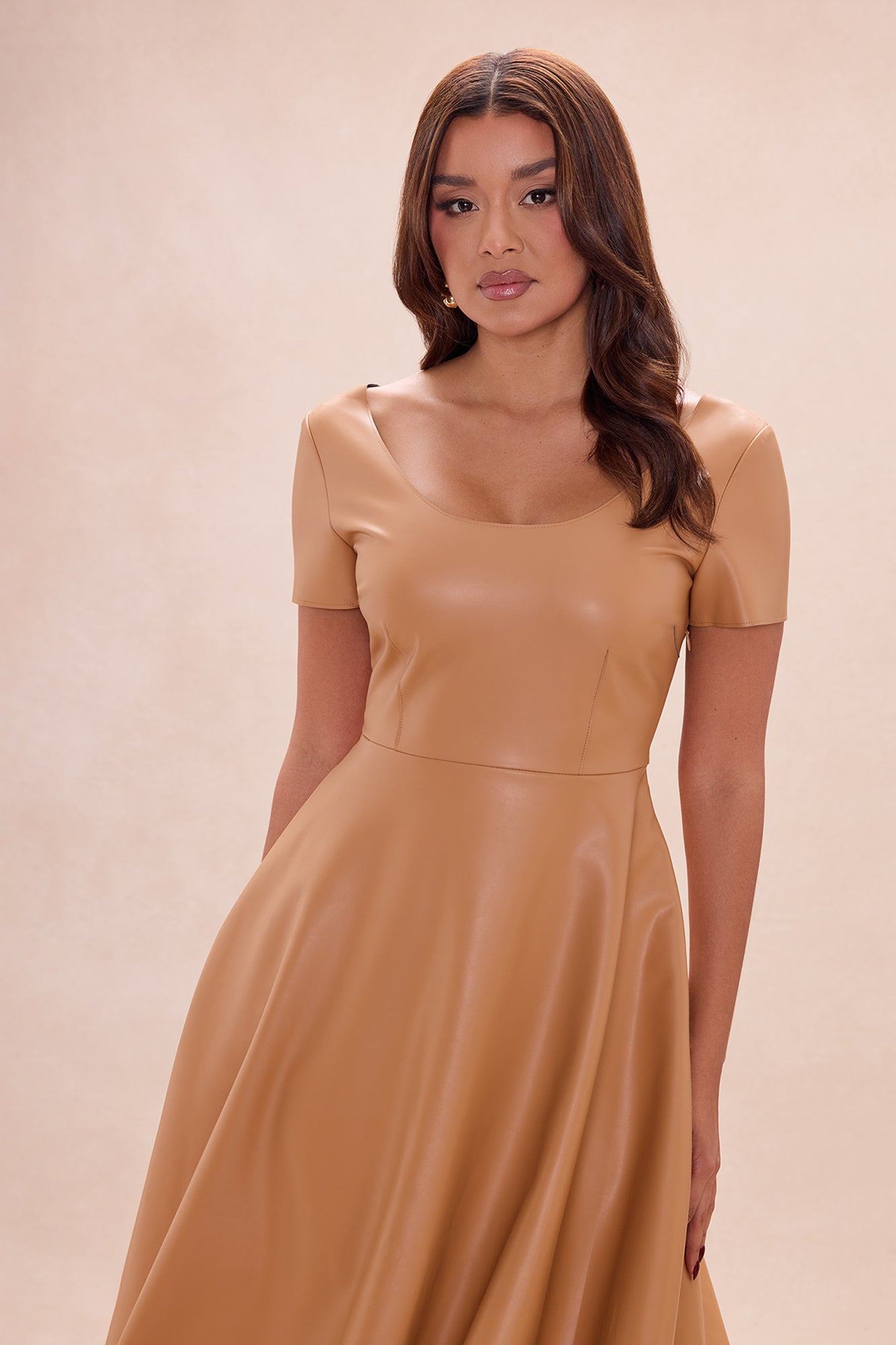 Jaclyn Faux Leather Midi Dress - Camel