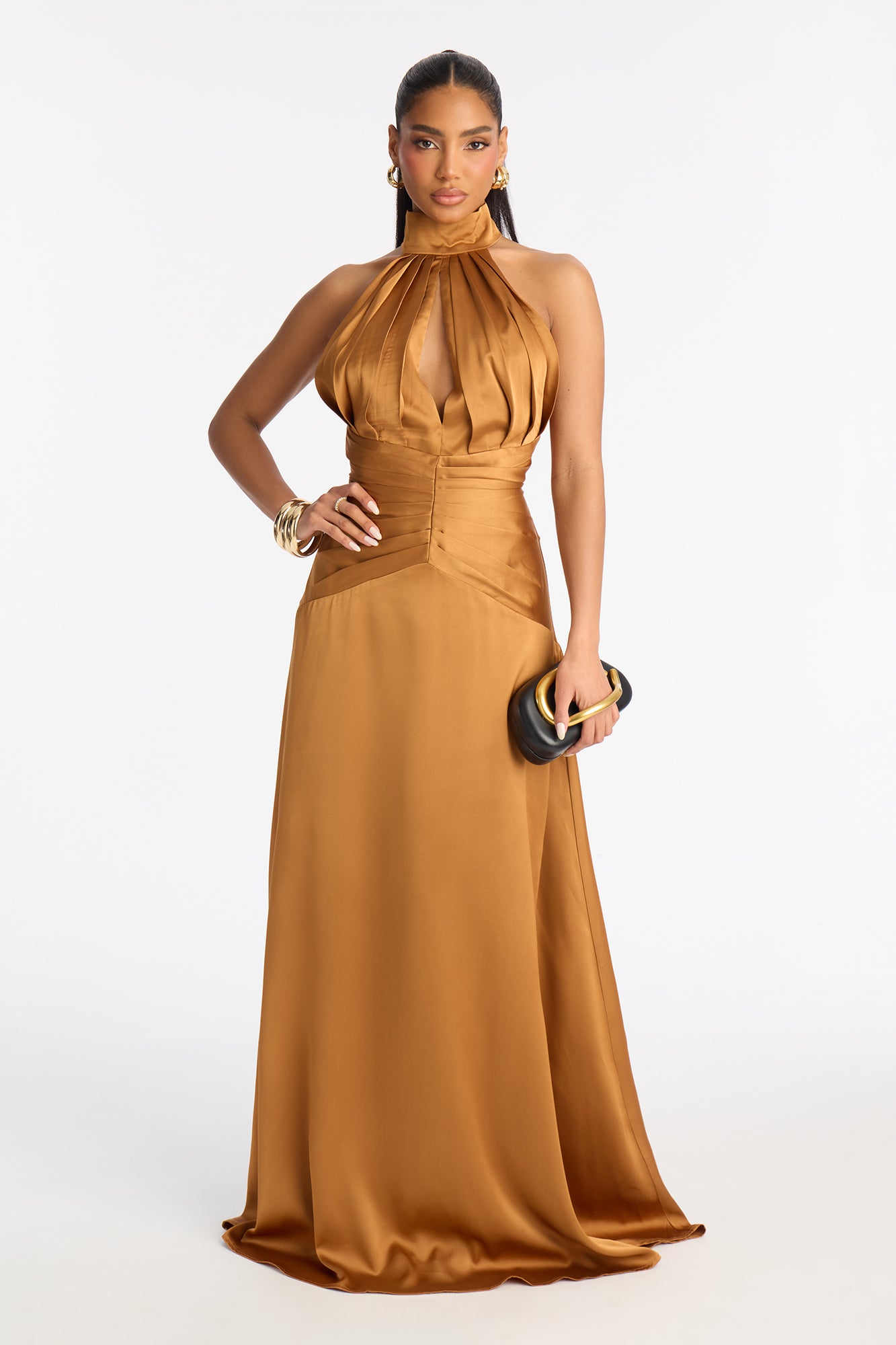 Luciana Pleated Satin Gown - Copper