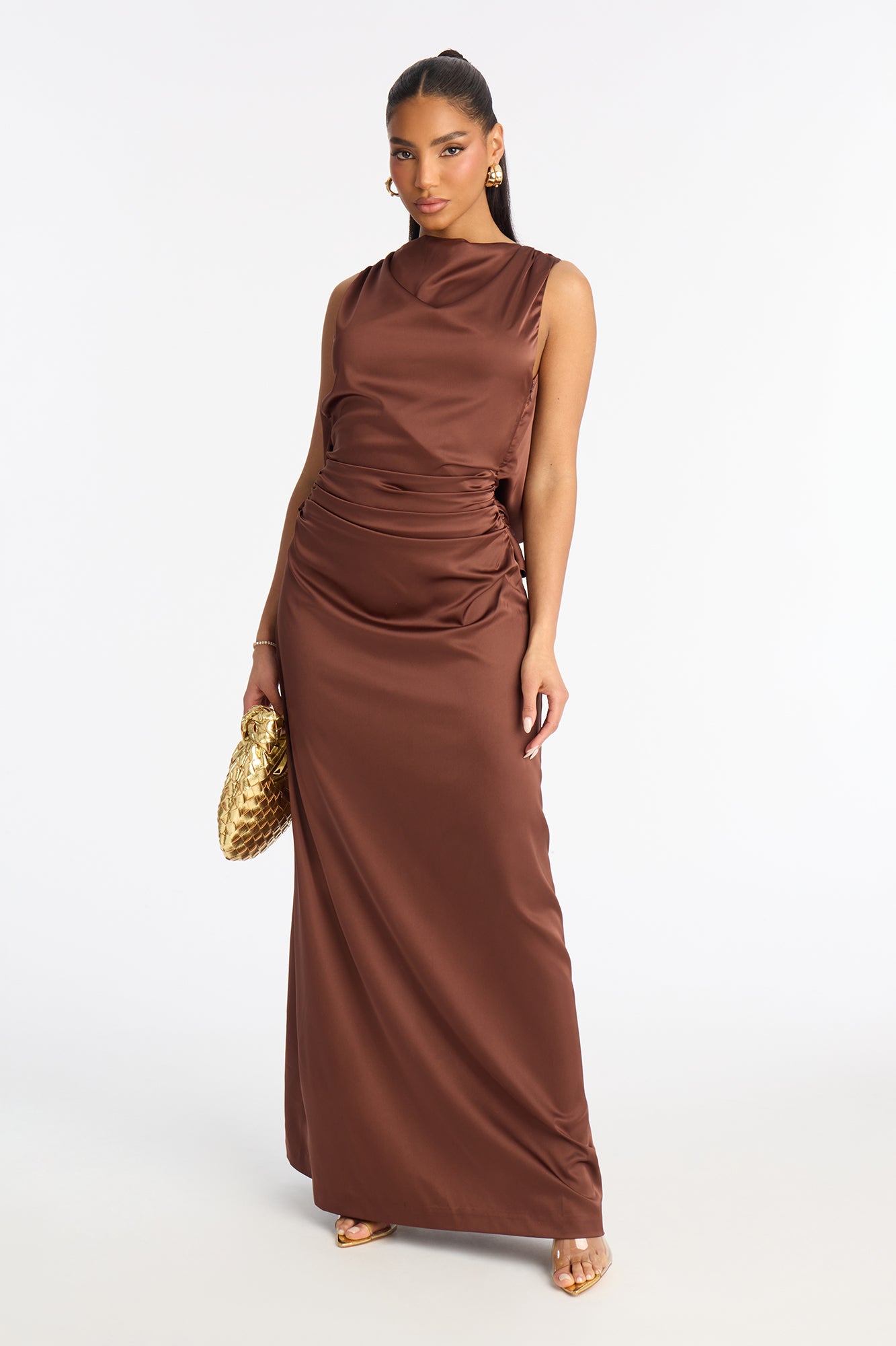 Elsie Draped Satin Maxi Dress - Chocolate